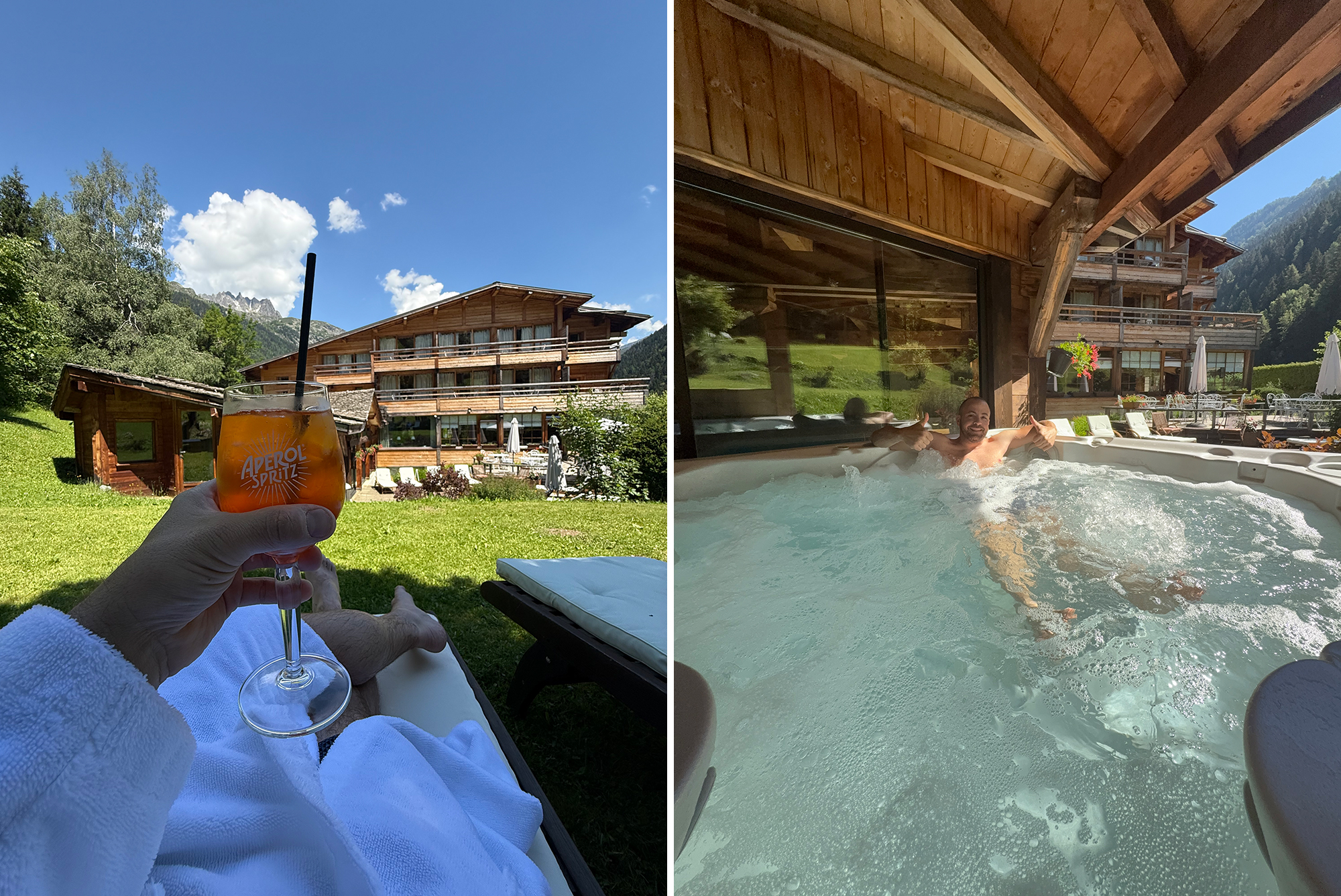 Two-panel resort scene: left a hand holding an Aperol Spritz outdoors by a wooden lodge; right a man in a hot tub on a wooden deck.