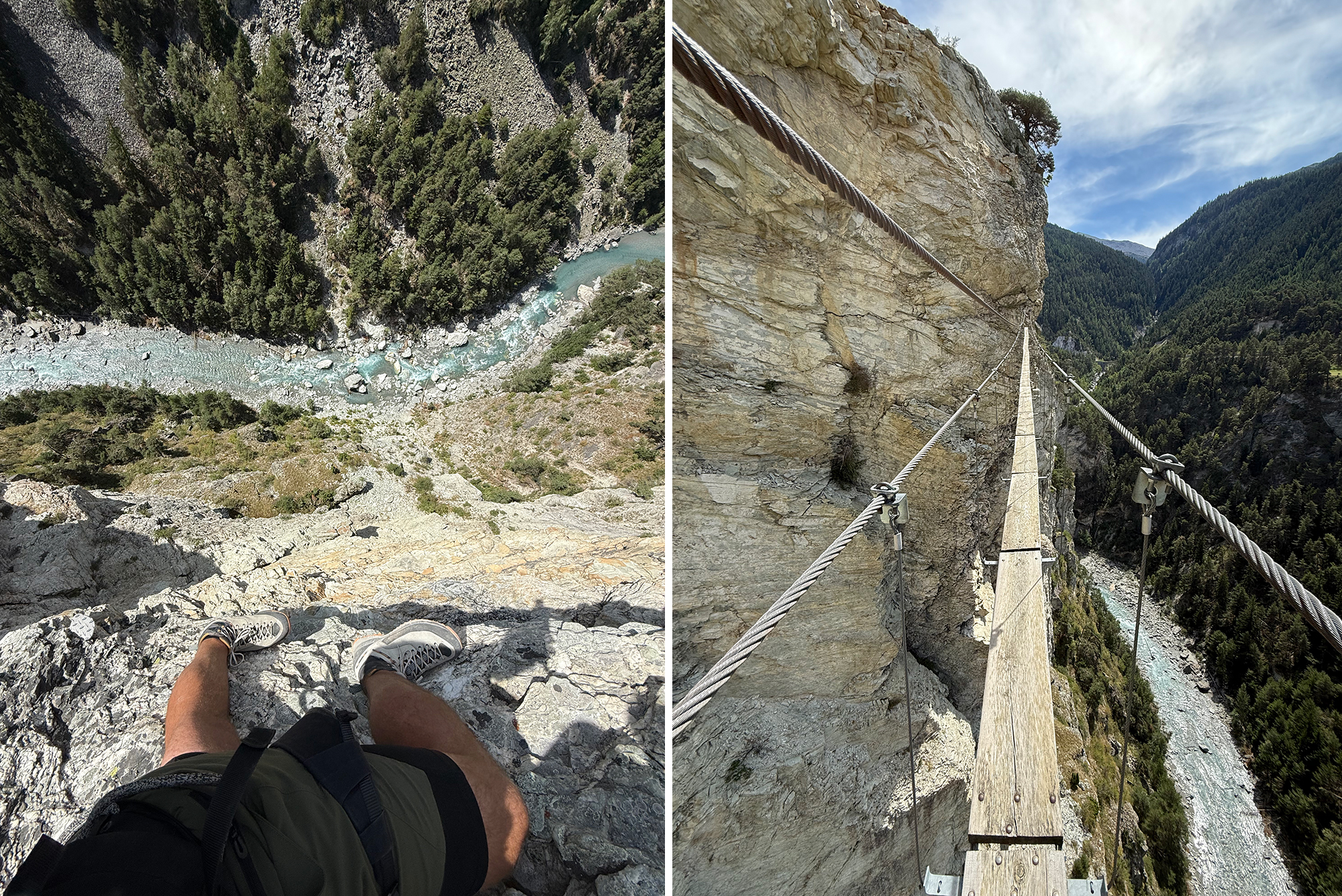 Hiker's legs and shoes visible at the edge of a rocky cliff, overlooking a turquoise river winding through a forested valley below.