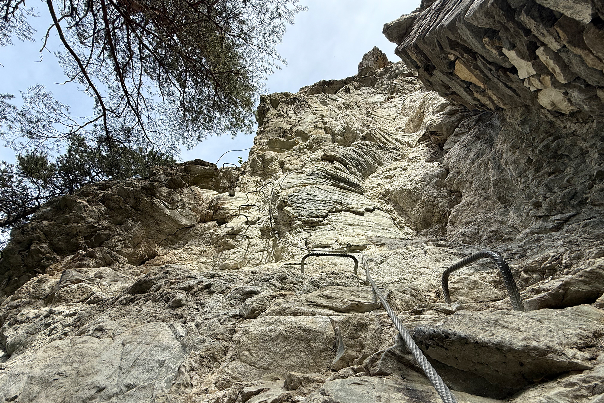 Steep rocky cliff face with embedded metal rungs and cables for climbing, viewed from below with tree branches overhead