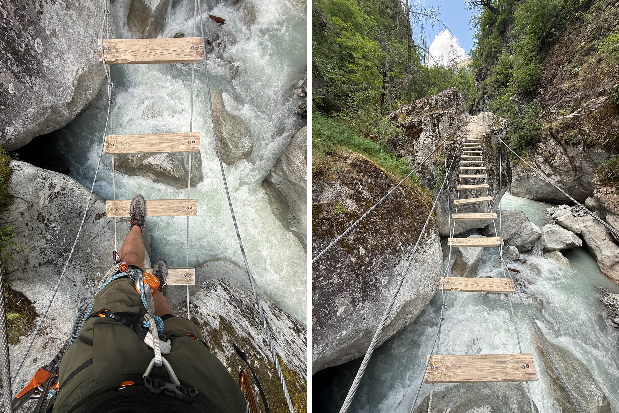 Hiker wearing a harness crosses a wooden-slab rope bridge over a fast mountain river in a rocky canyon.