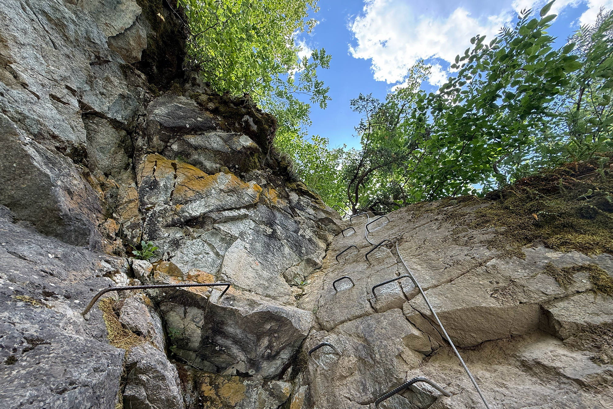 Vertical rock cliff with metal climbing rungs descending along the wall, greenery above and blue sky beyond.
