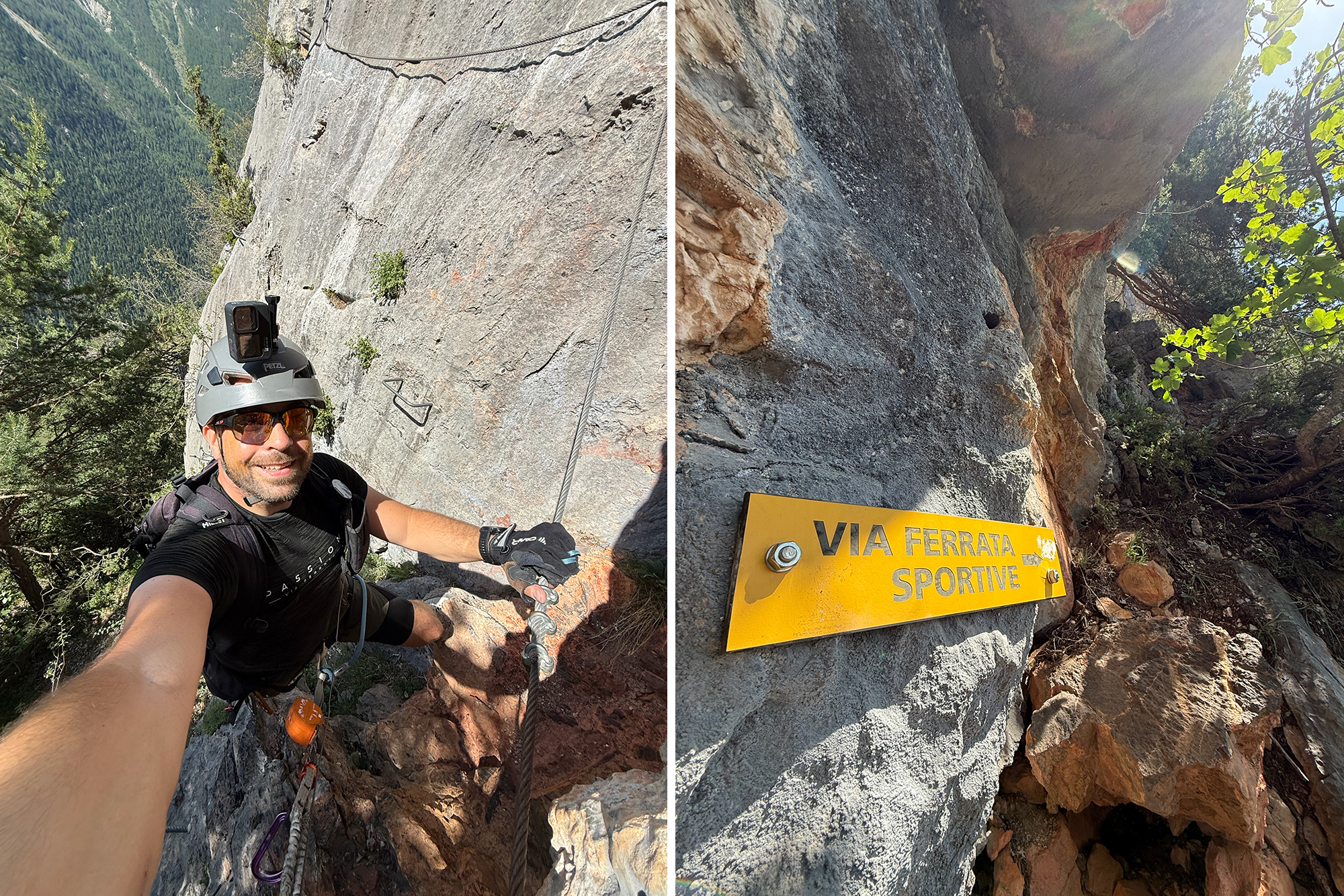 Selfie-style climber wearing helmet with action camera, harness, and ropes on a vertical rock face with a forested valley behind him to the left side of the image panel.