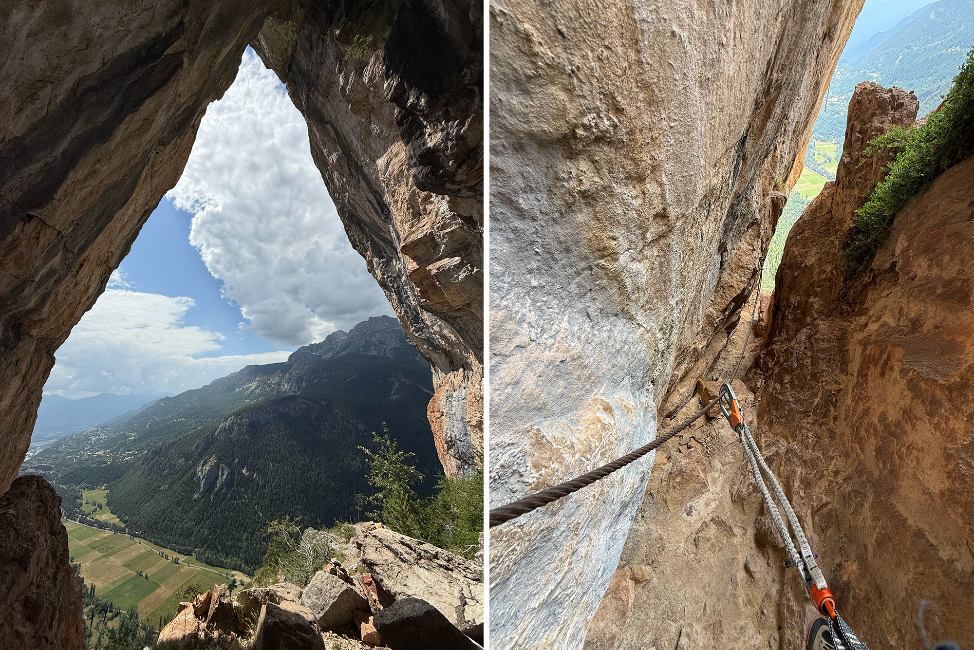 Two-panel mountaineering shot: left panel shows a rocky arch opening with a valley and blue sky beyond; right panel shows a steep rock face with climbing ropes and footholds along a path.
