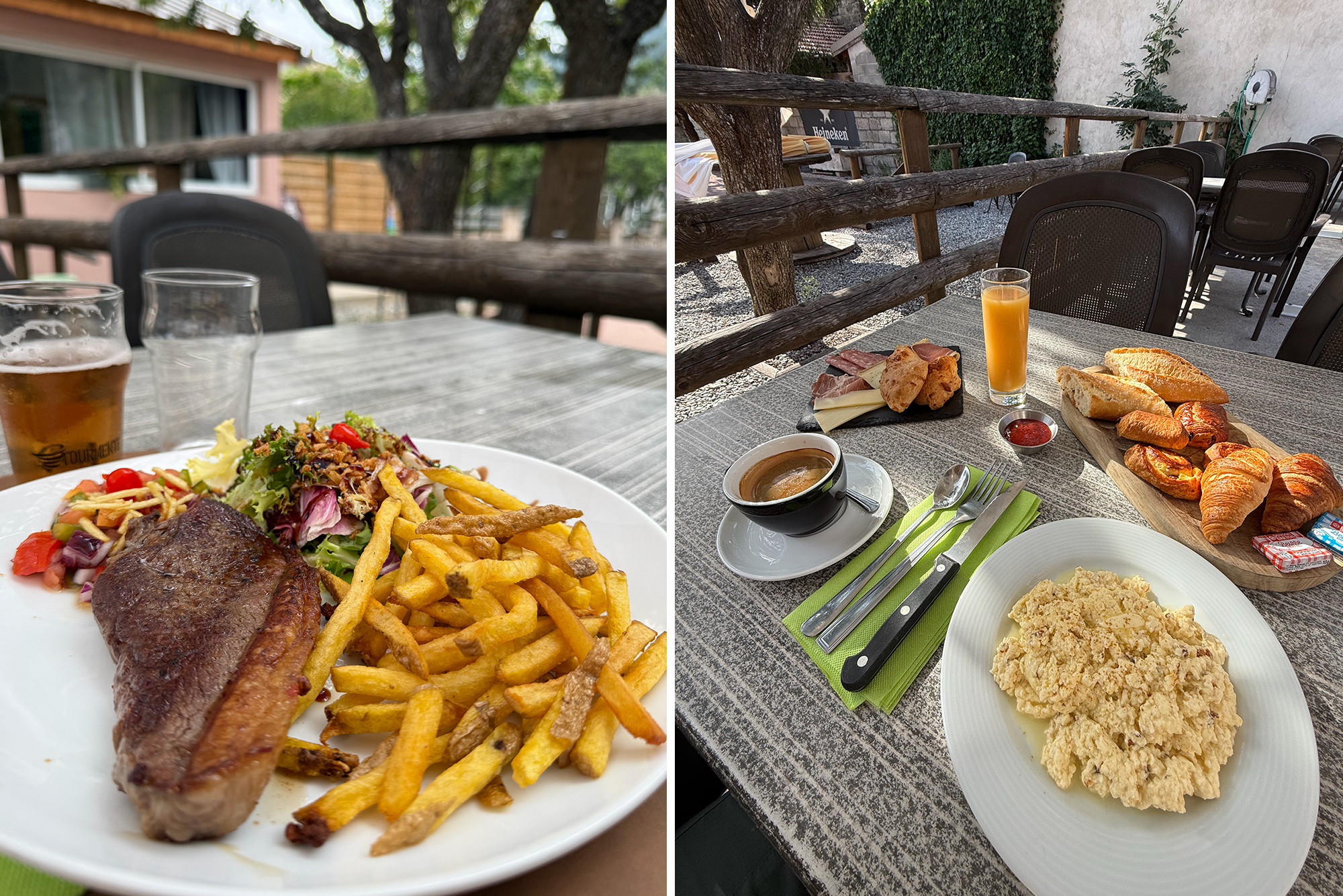 Split image of outdoor dining: left shows steak with fries and salad, a beer and glass on a wooden table; right shows bread, croissants, cheese, meats, orange juice, coffee and condiments on a table.