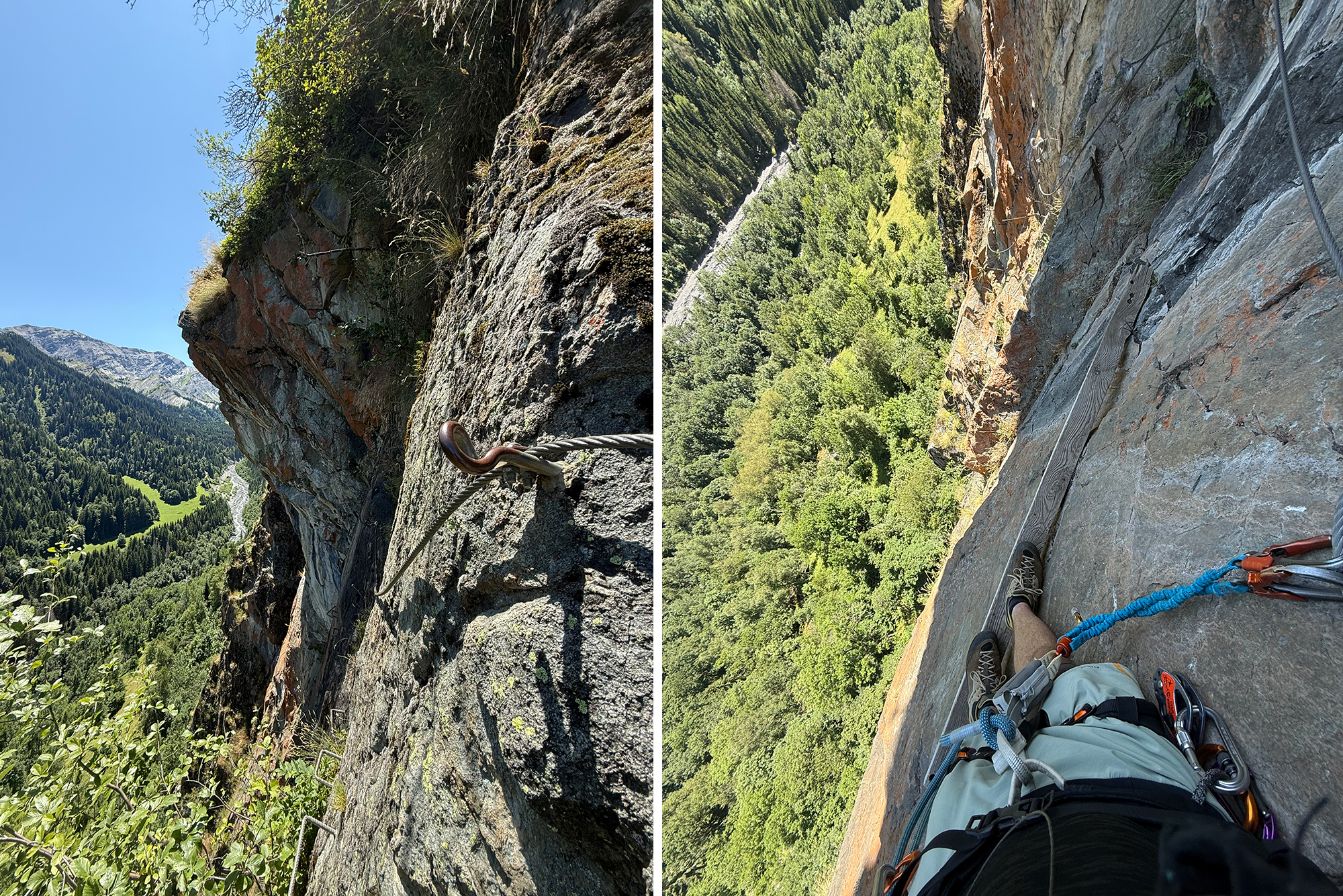 Climber's perspective along a rocky cliff with a steel rope and carabiners; valley and forested mountains visible below the steep drop. (two-panel image)
