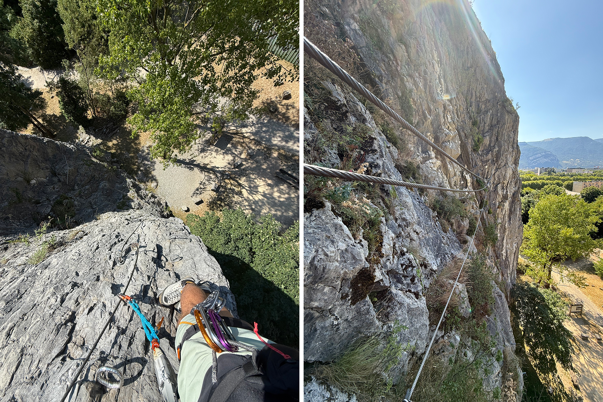 Two-panel view of a rock-climbing ascent: left shows a climber's vantage point with rope, harness, and footwear on gray rock among trees and shade; right shows a rope along a rugged cliff with a bright sky and distant valley.