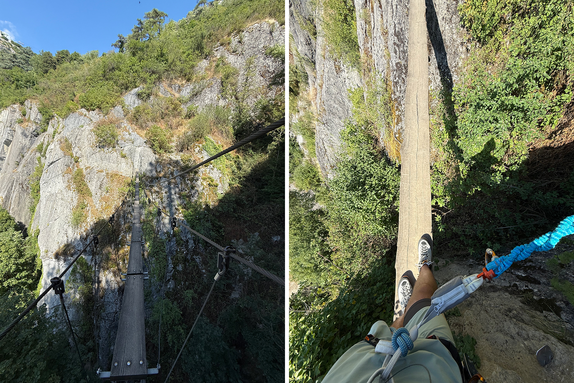 Hiker's perspective on a narrow wooden suspension bridge high above a rocky, forested gorge, ropes on either side for protection.
