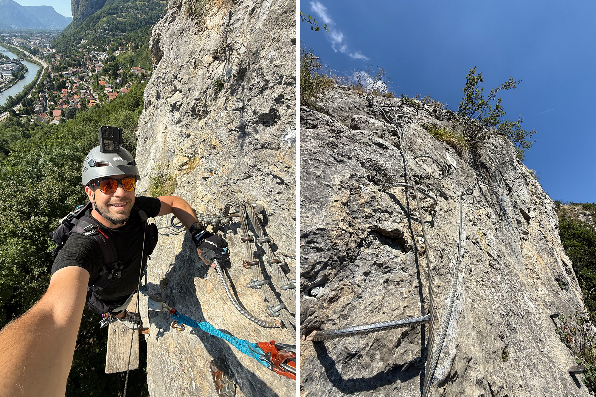 Climber wearing a helmet and harness, secured by ropes and carabiners on a steep rocky cliff.
