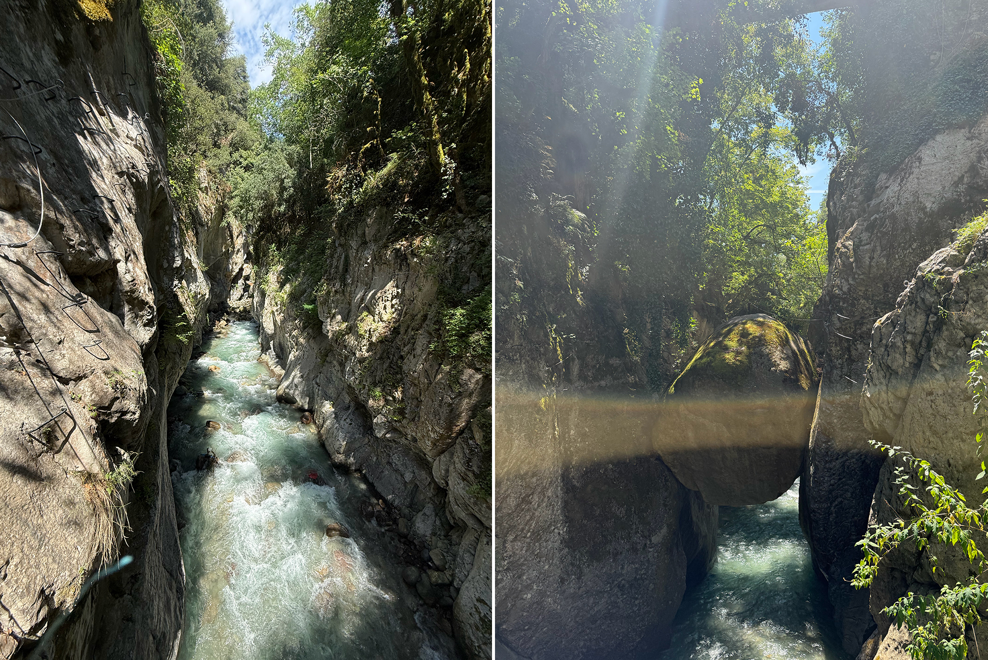 Two-panel view of a narrow, rocky canyon with a fast-flowing turquoise river and green vegetation along sheer cliffs on both sides; left panel shows rugged walls, right panel shows misty overlay and sunlit gorge opening.