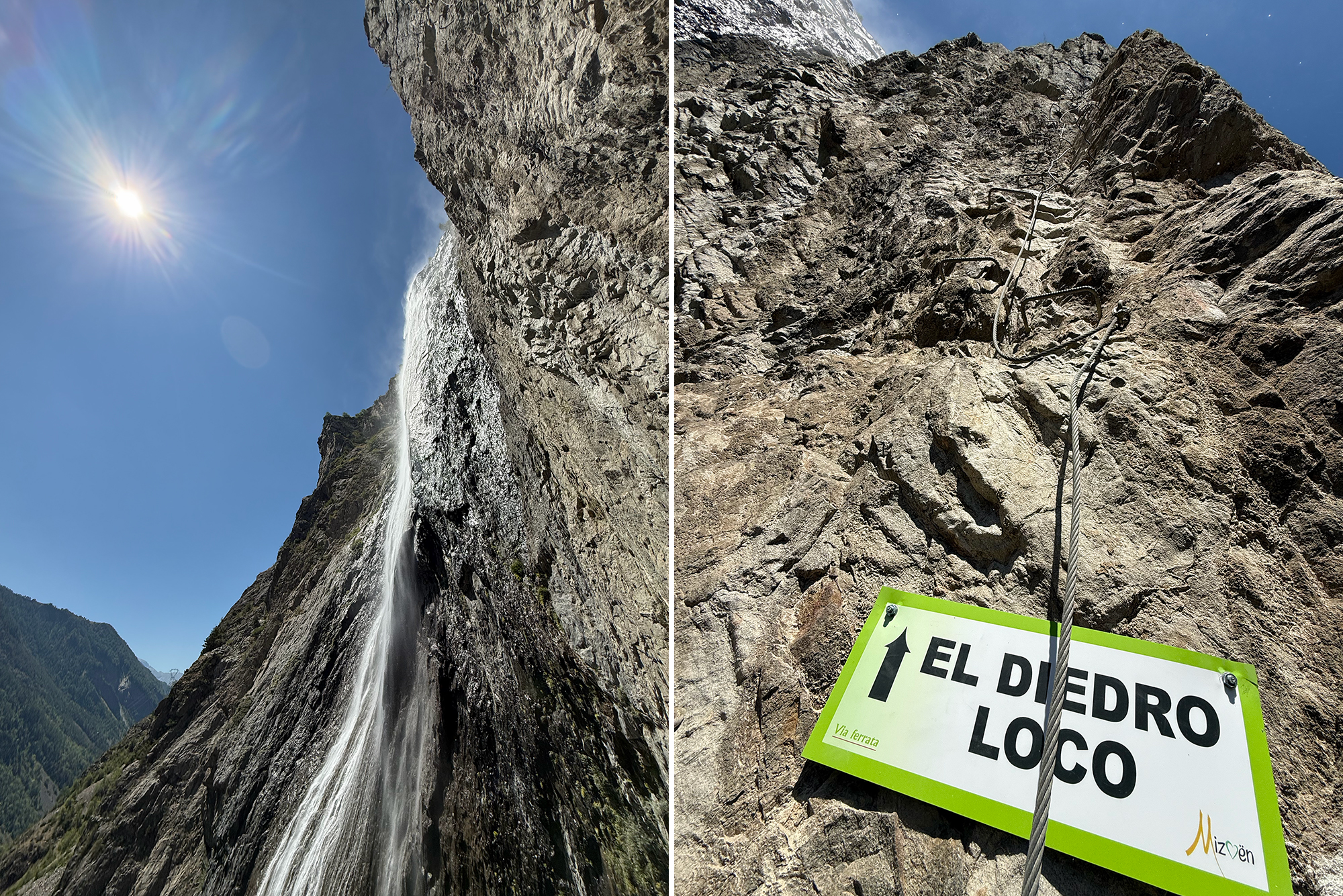 Bright sun over a rocky cliff with a waterfall on the left; a climbing rope and a green sign appear on the right side reading 'EL DIEDRO LOCO'.