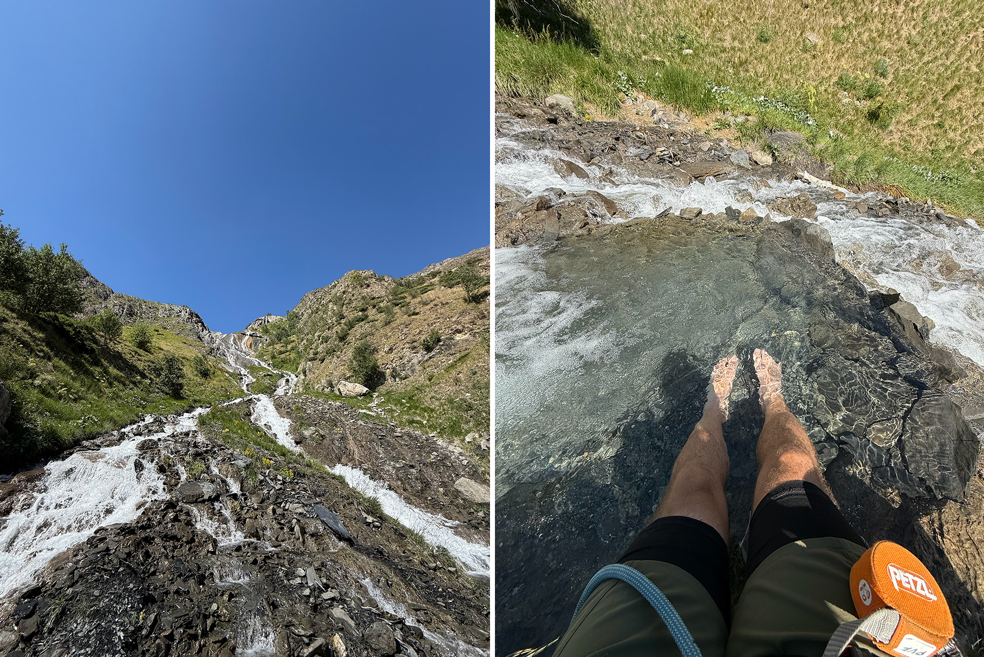 Left: Mountain valley with a small waterfall and rocks under a bright blue sky; greenery on slopes. Right: First-person view of rocky ledge above a pool, legs in climbing pants and gear visible.