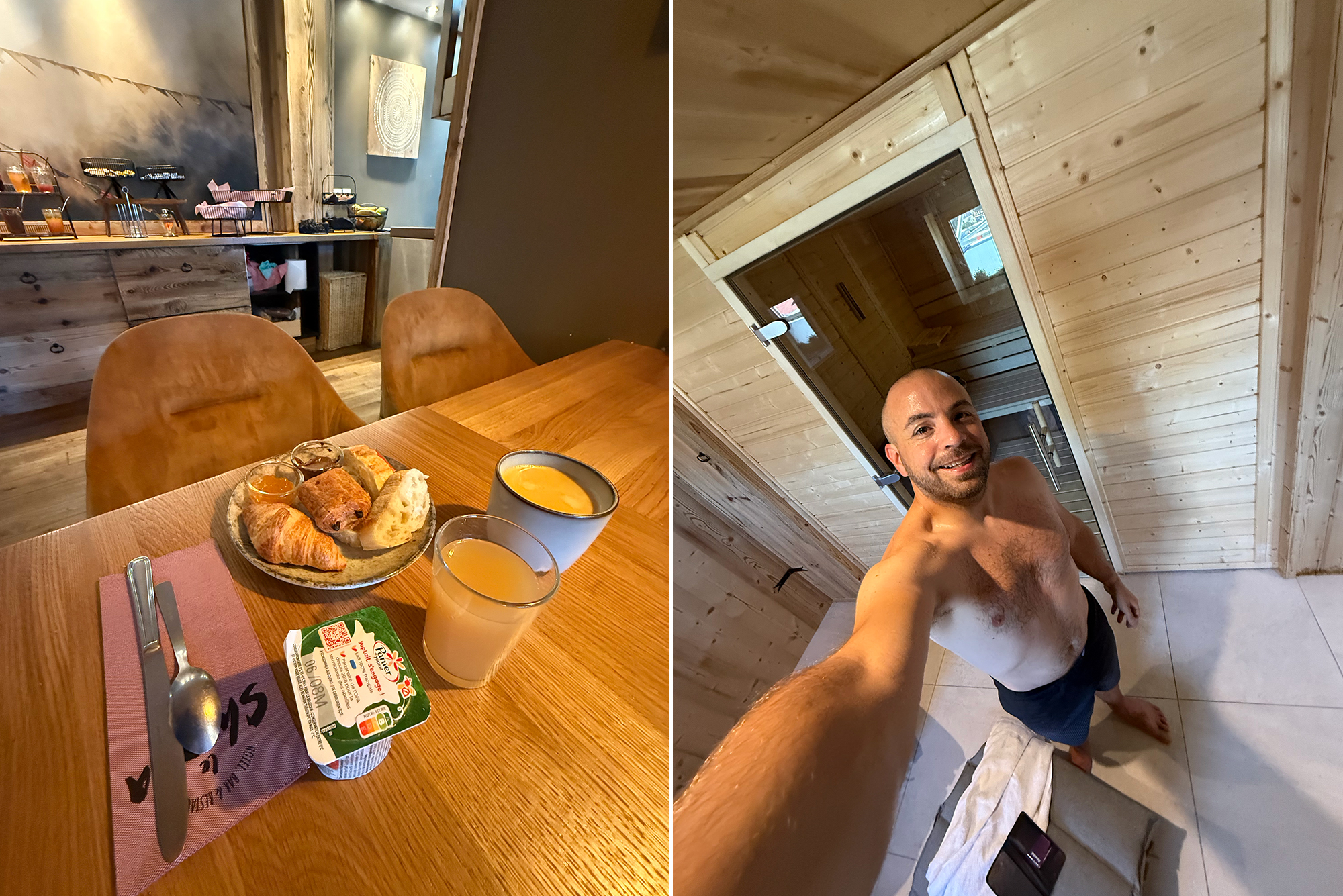 Left: wooden table set for breakfast with croissant, bread, orange juice and coffee in a rustic cafe; right: shirtless man smiling in a wood-paneled sauna, taking a selfie.