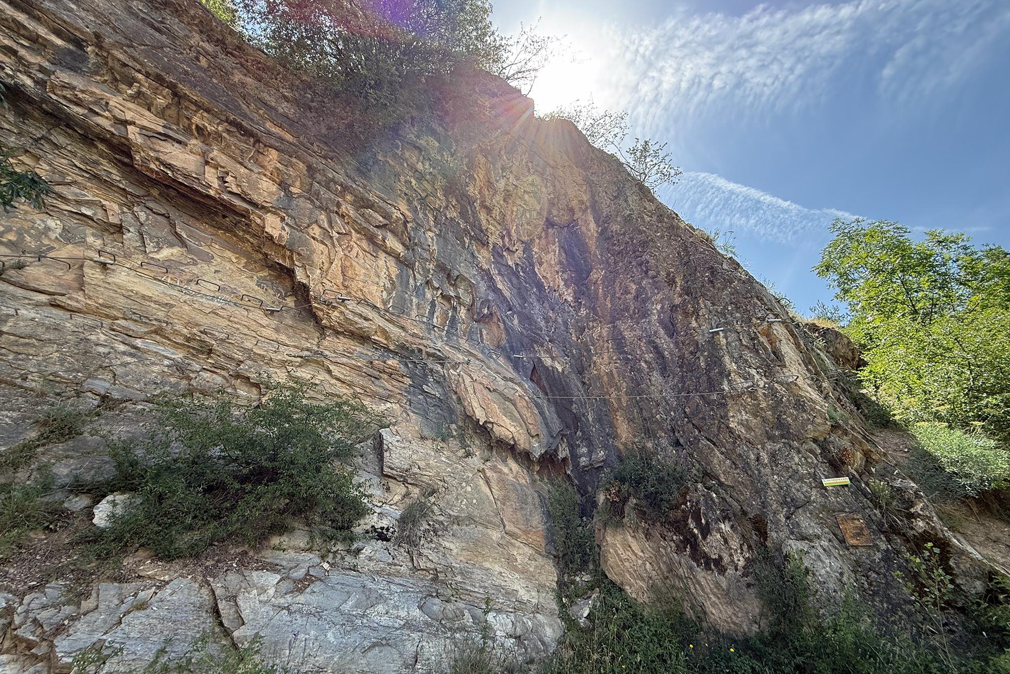 Steep rocky cliff face with metal climbing rungs embedded along the rock, sun glare at the top, and sparse trees nearby on a clear day.