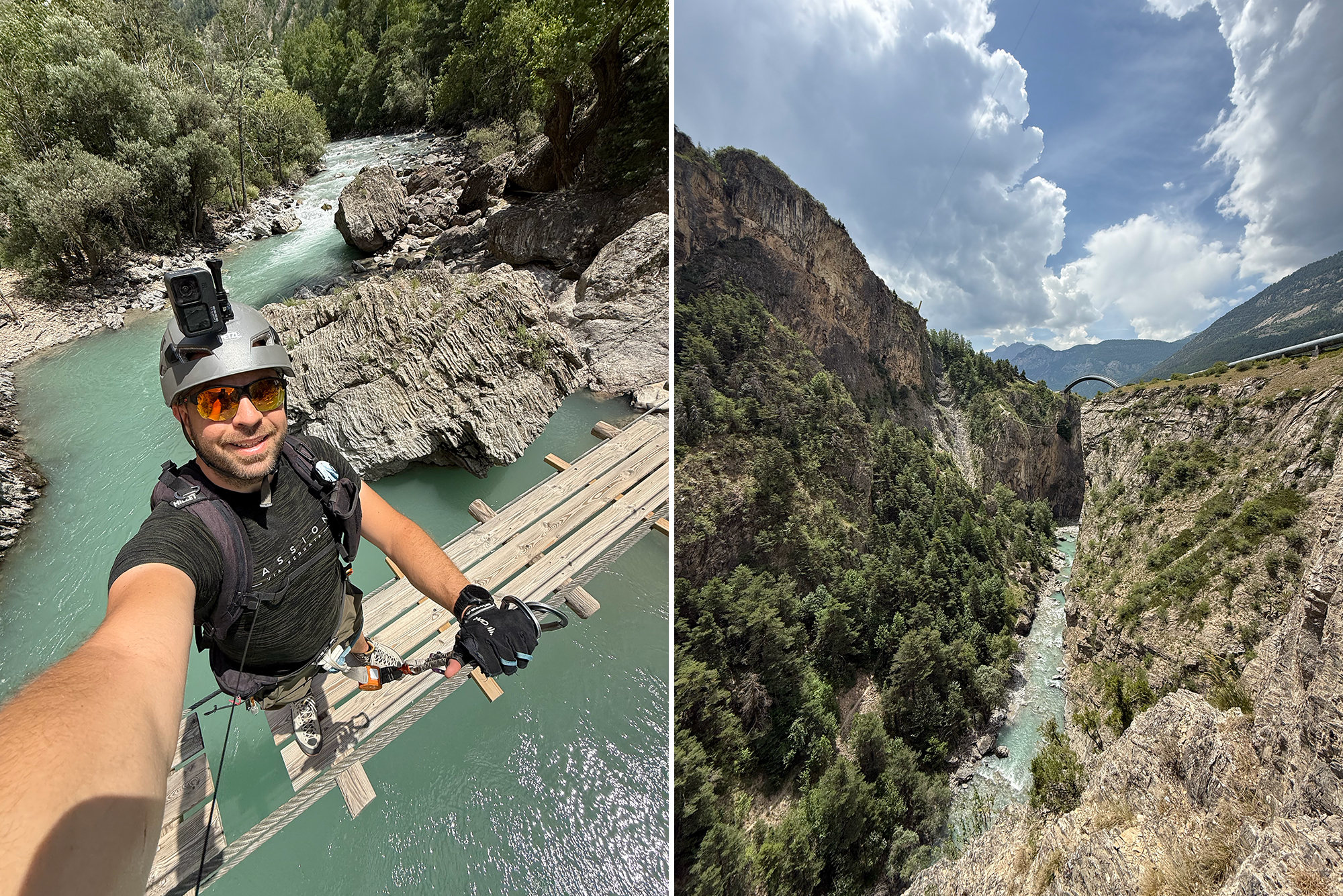 Selfie of a man wearing a helmet with an action camera on a narrow wooden suspension bridge over a turquoise river in a rocky canyon surrounded by trees and cliffs.