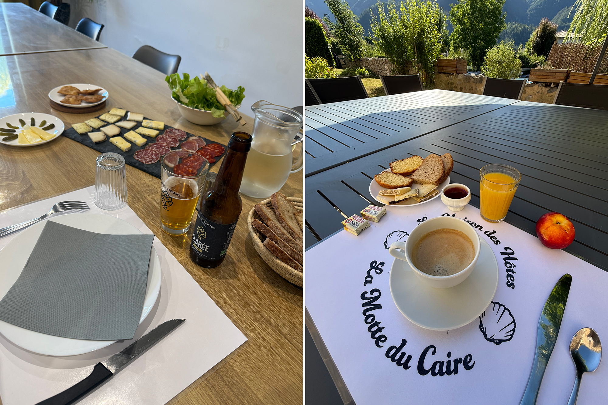Two-panel dining setup: left shows a cheese board with crackers, greens and a beer on a wooden table; right shows bread, coffee and orange juice on an outdoor table with a mountain view.