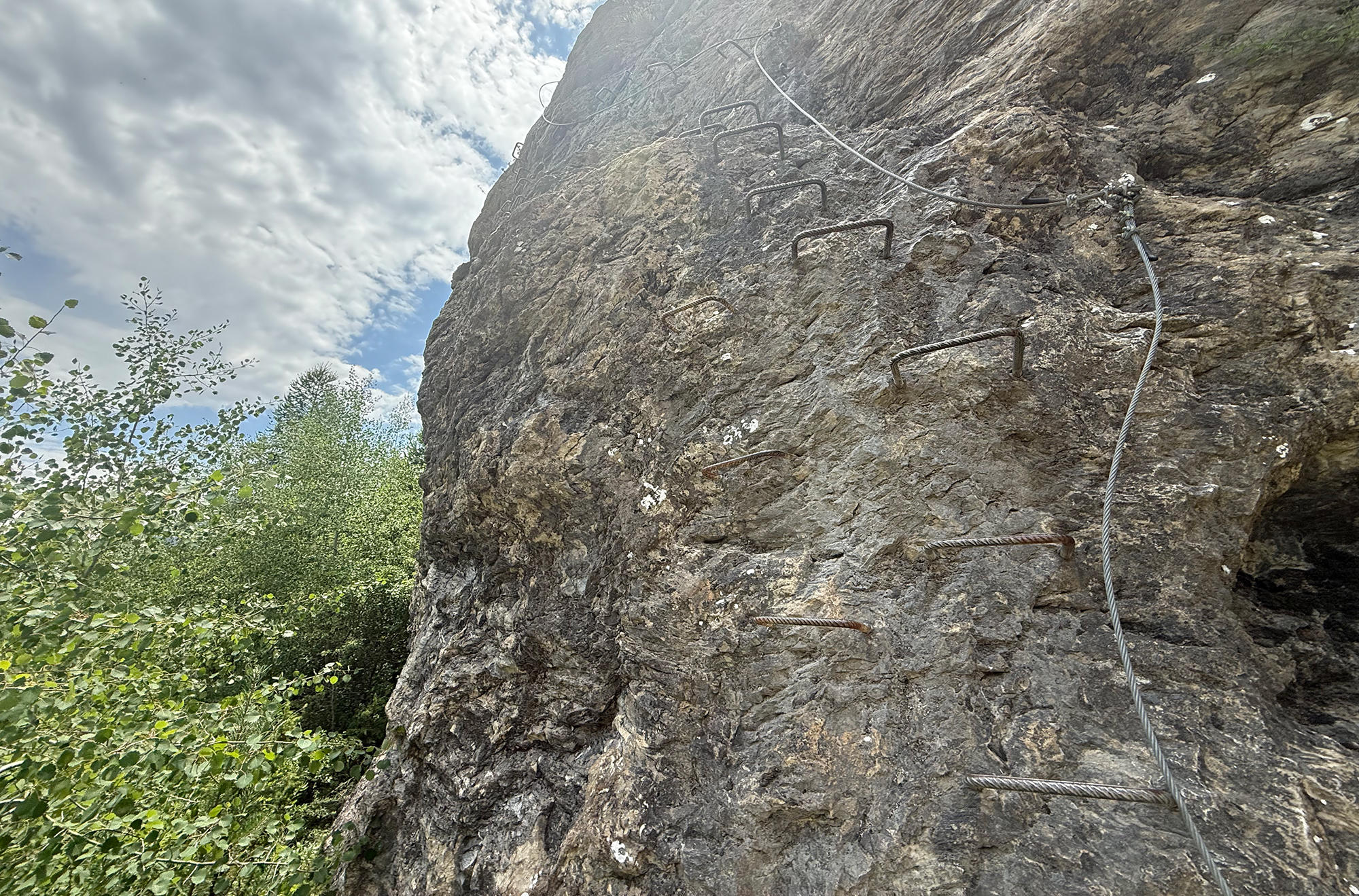 Steep rock face with metal ladder rungs and a safety rope for via ferrata climbing, with trees at the base left.