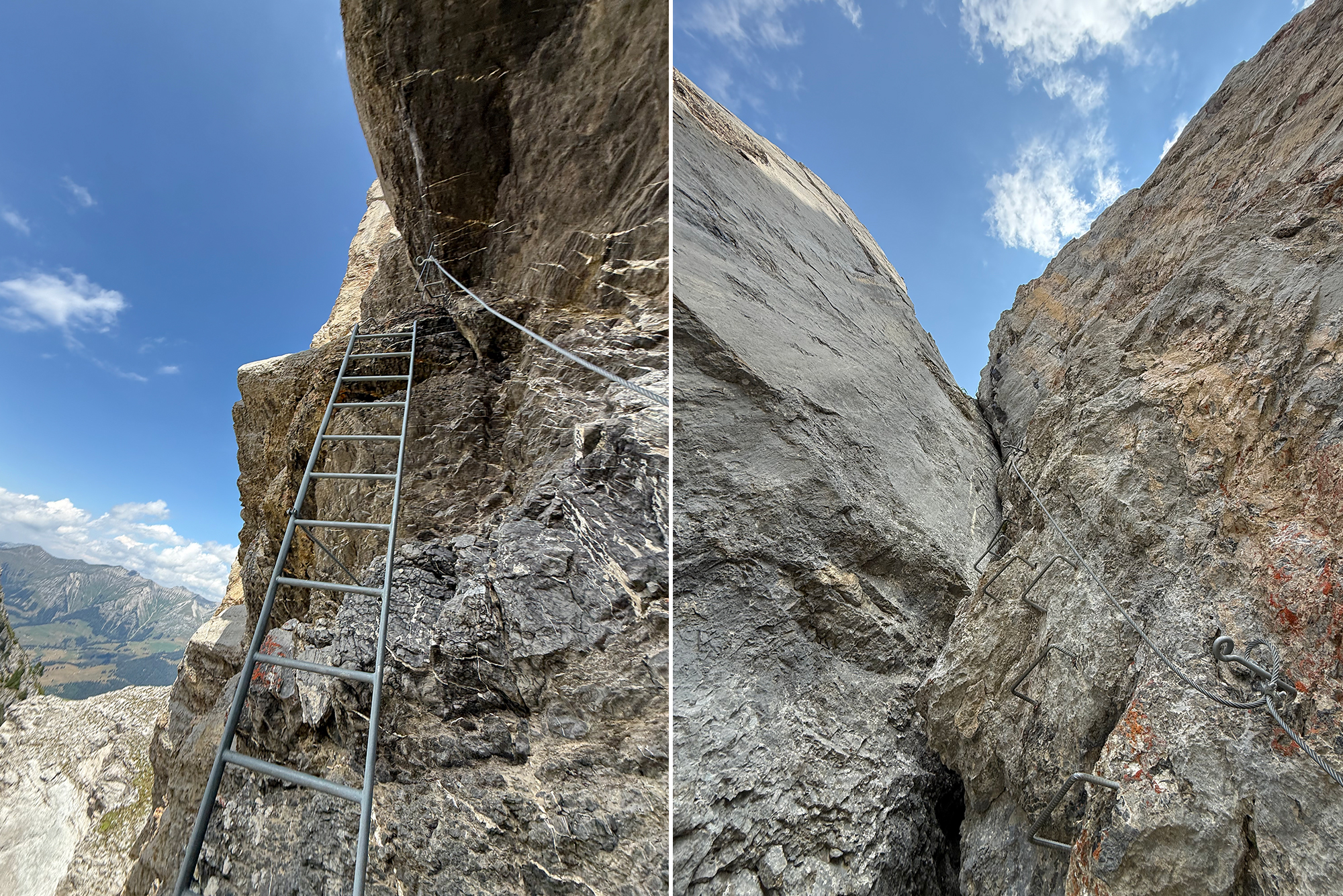 Metal fixed ladder and safety cable ascending a steep rock cliff under a blue sky (via ferrata setup).