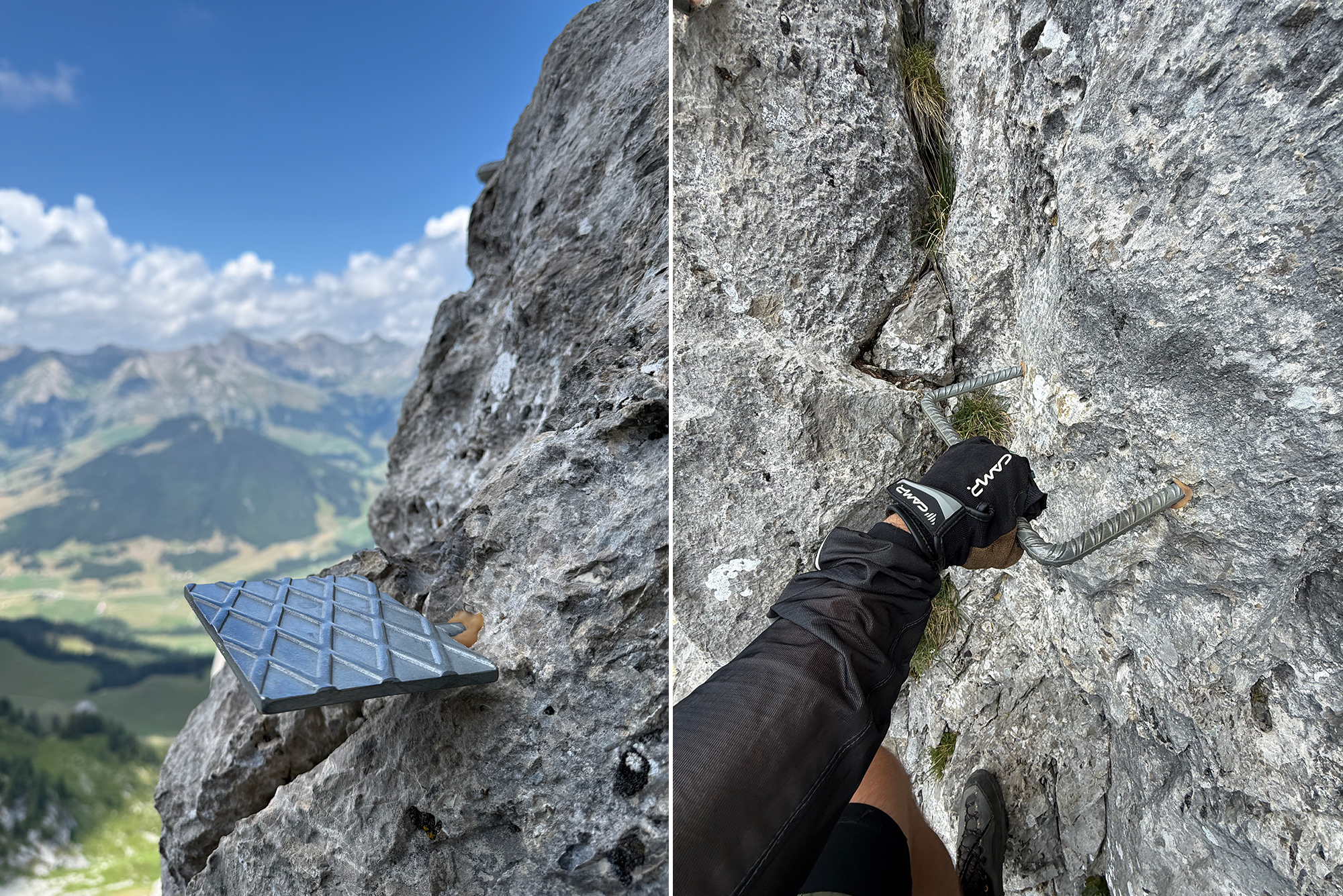 Climber's gloved hand grips a metal rung on a rocky wall; a steel cable and foothold are visible, with a valley and mountains in the background.