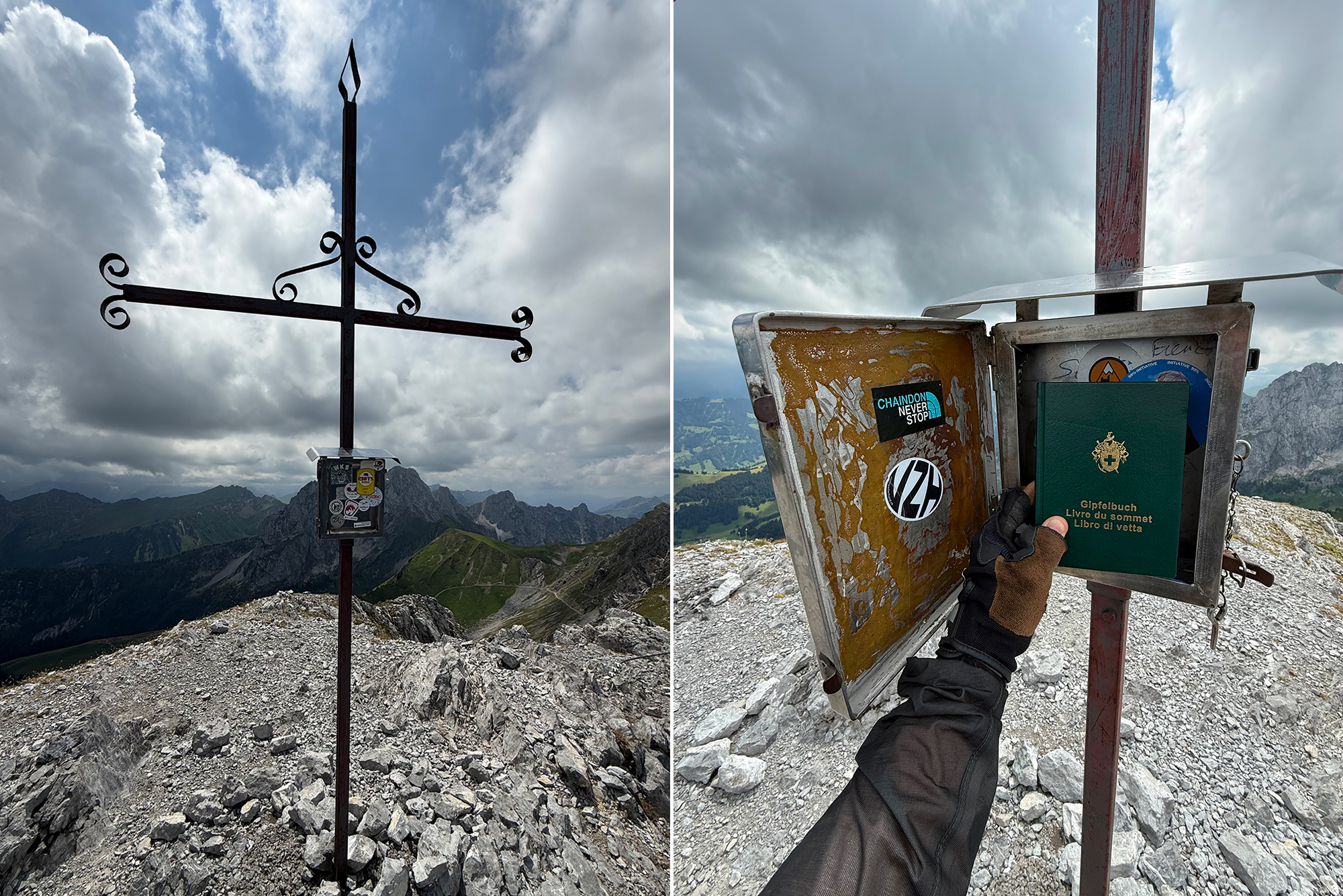 Cross-shaped metal structure with decorative spirals rises from a rocky mountain summit under a cloudy sky.