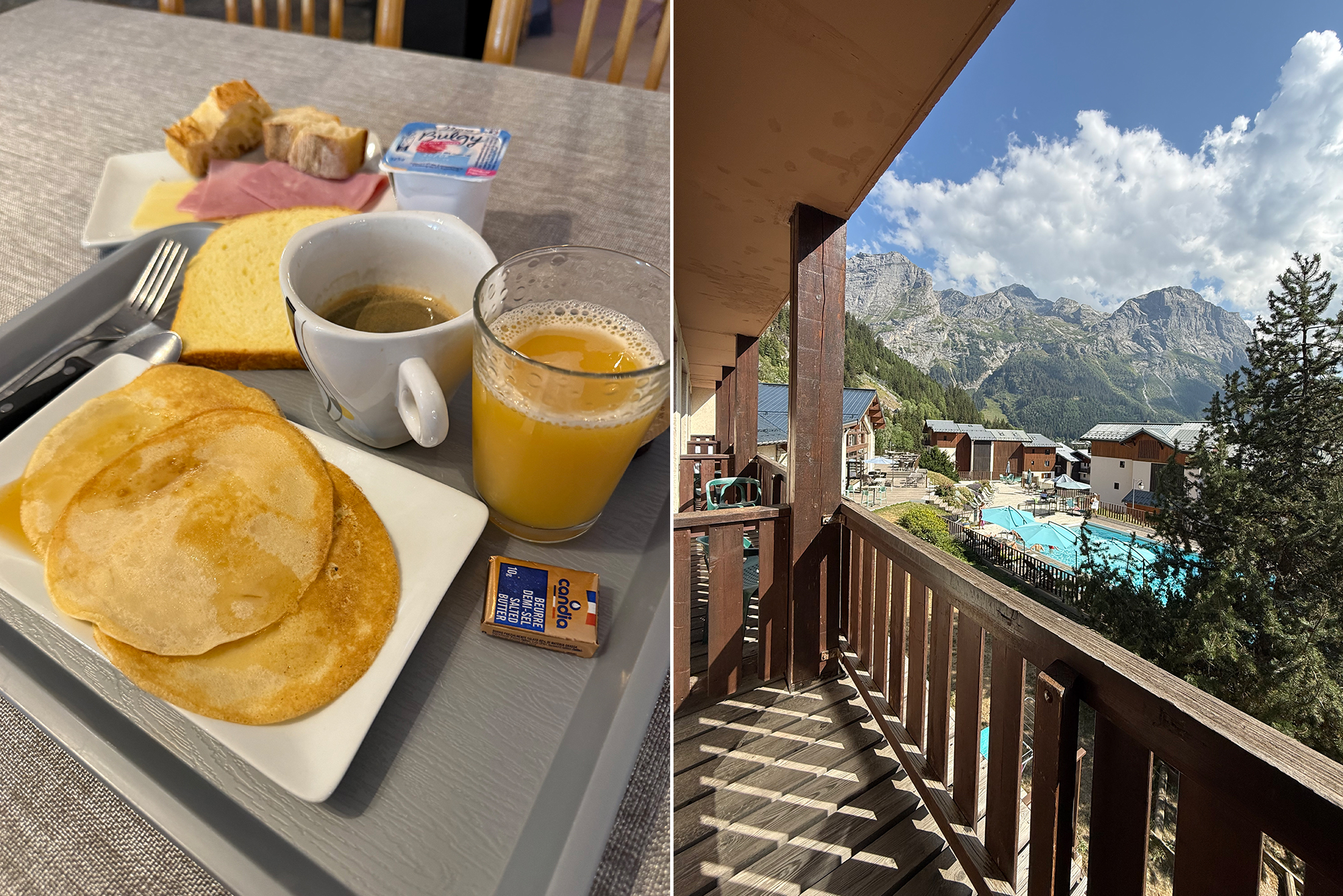 Breakfast tray with pancakes, coffee, orange juice, sliced bread, ham and cheese, and a small butter packet on a table surface.