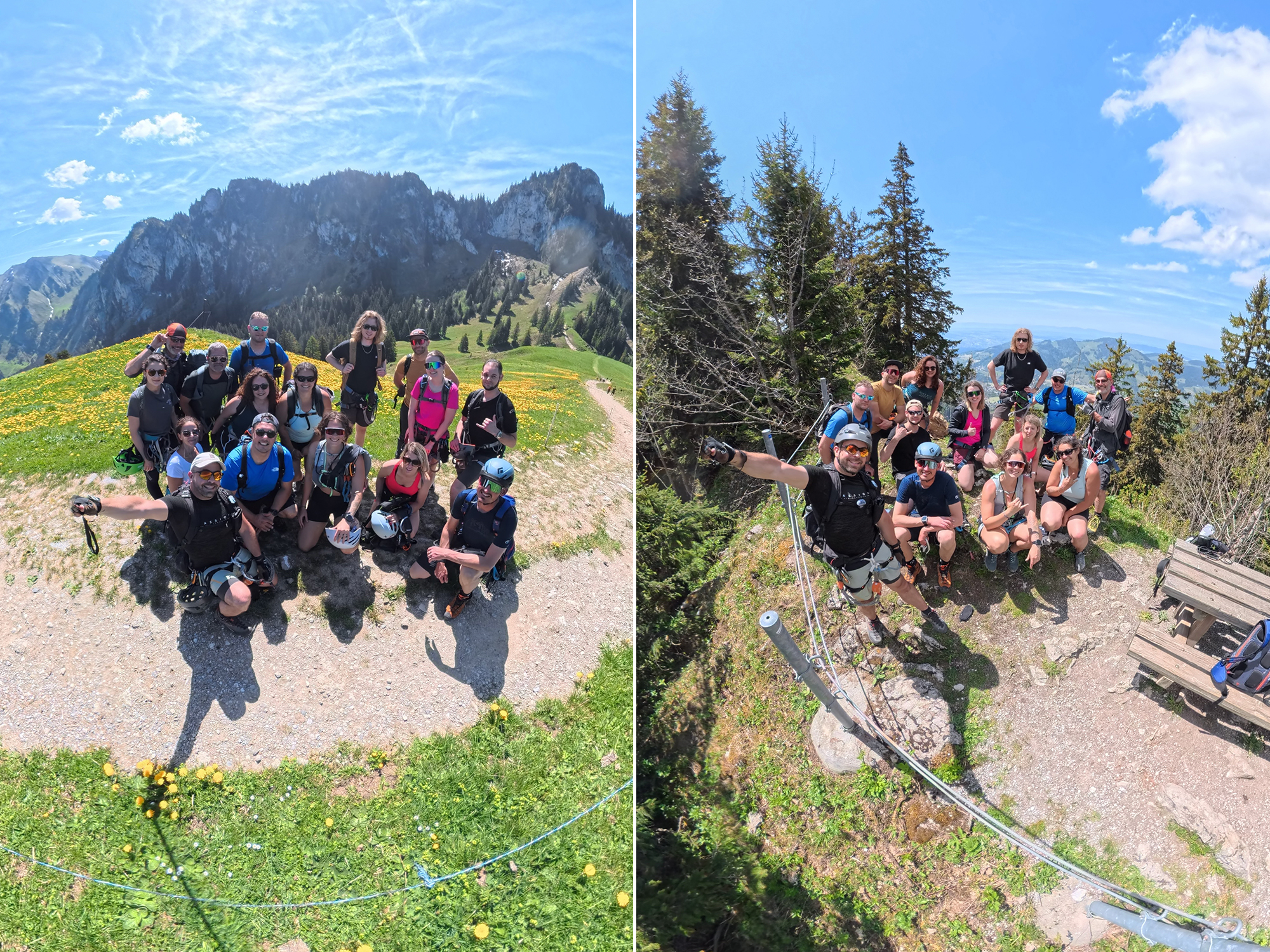 Group of hikers posing on a grassy hillside with yellow flowers and a rocky mountain backdrop in clear blue sky.