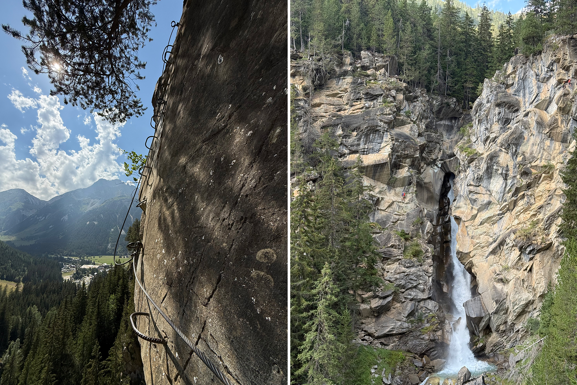 Two-panel view: left shows a sunlit vertical rock climbing wall with metal cables and a valley below; right shows a rocky gorge with a waterfall, dense forest, and climbers near the edge.
