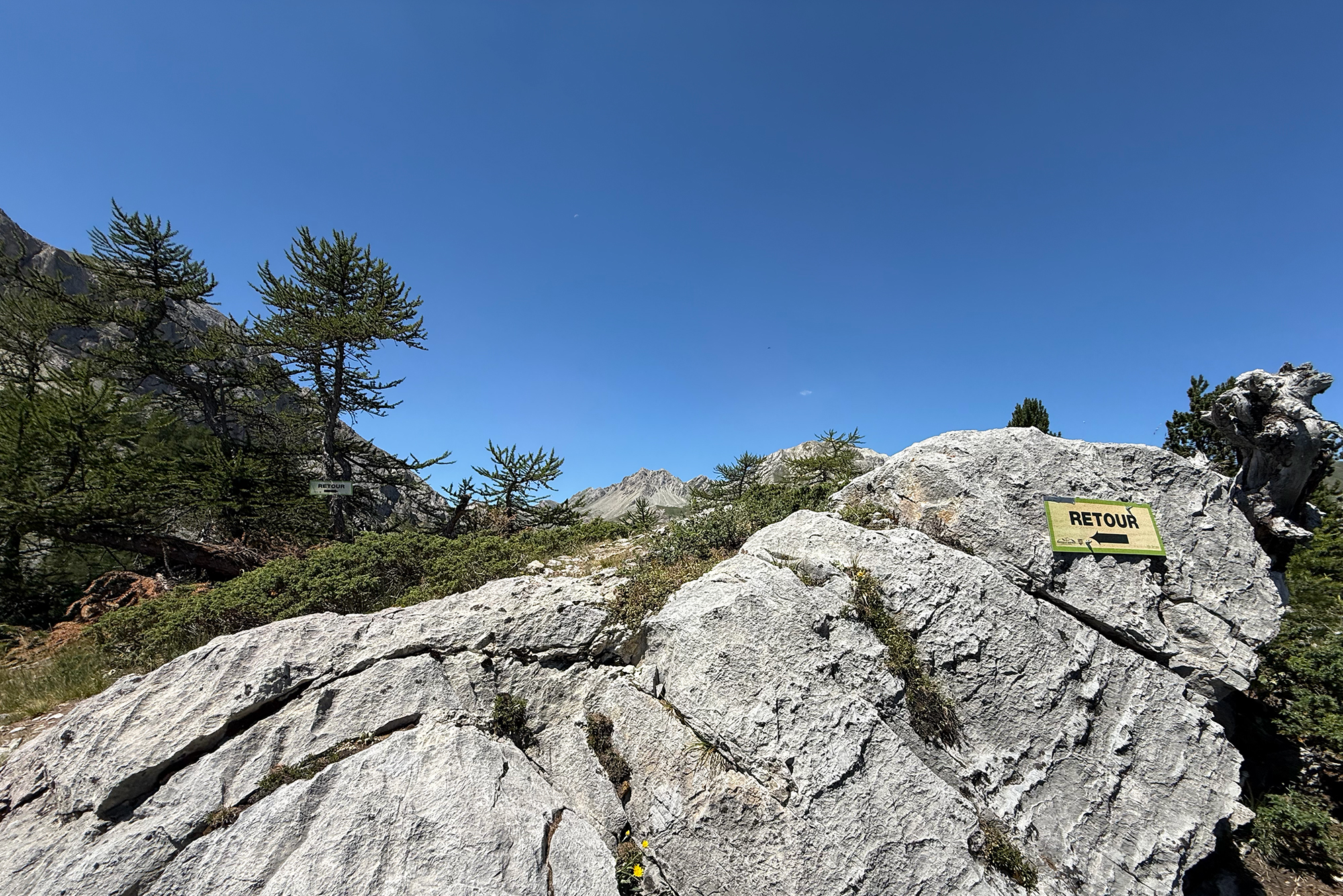 Bright blue sky over rugged rocky mountains with trees; a 'RETOUR' sign on a rock in the foreground.