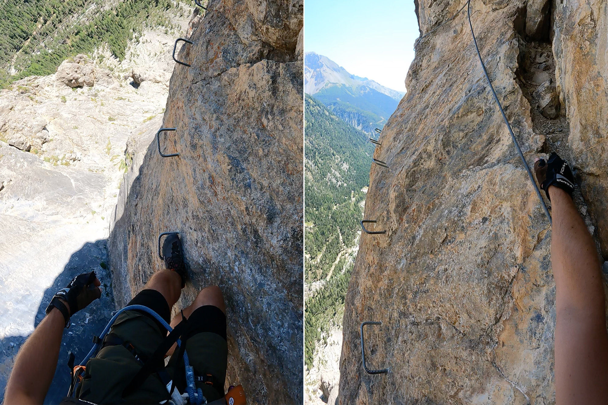Climber in harness and gloves ascending a rocky cliff using metal rungs, with a valley below.