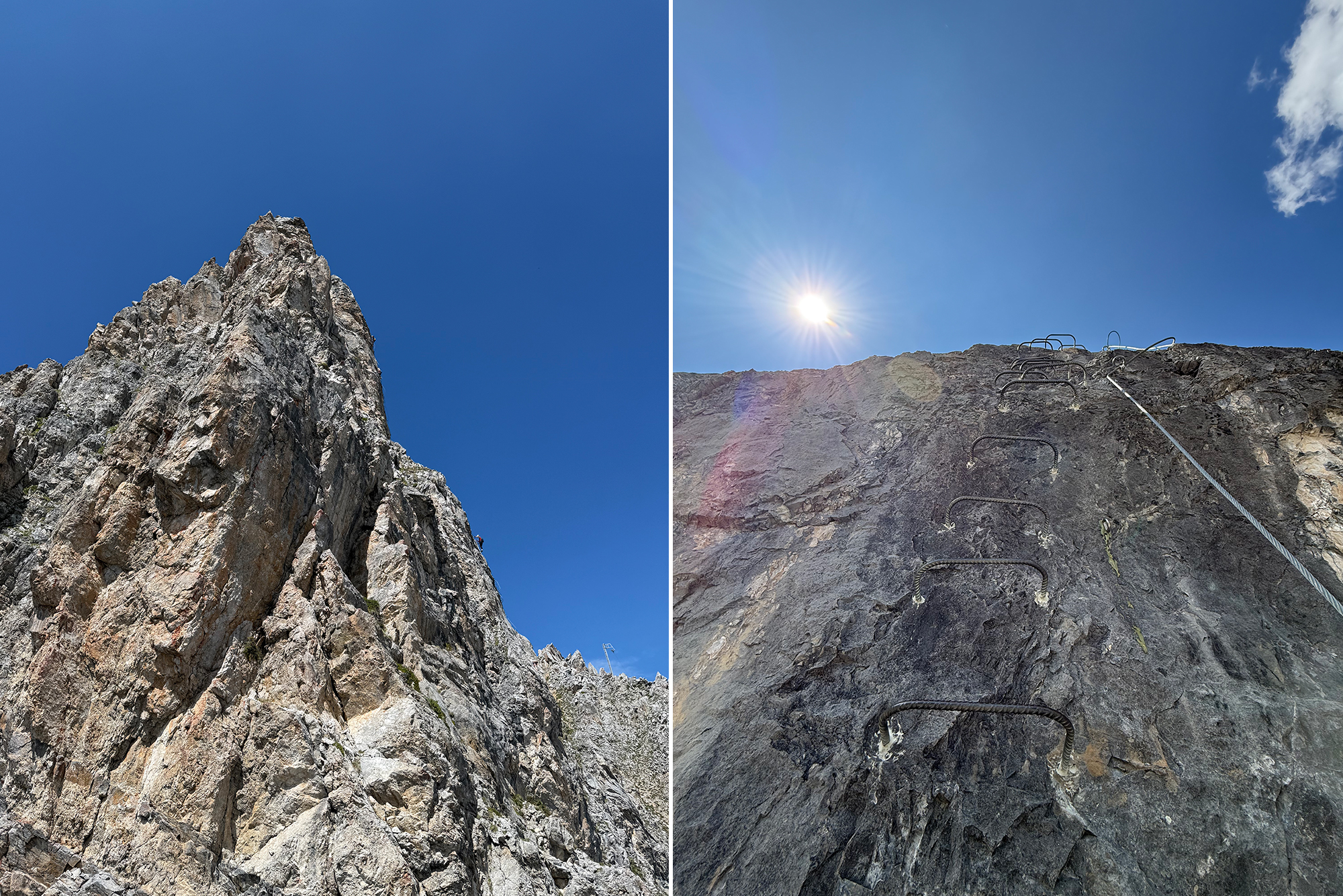 Two-panel rock scene: left shows a jagged peak under a clear blue sky; right shows a vertical rock wall with metal ladders and a rope climbing aid under sun glare.
