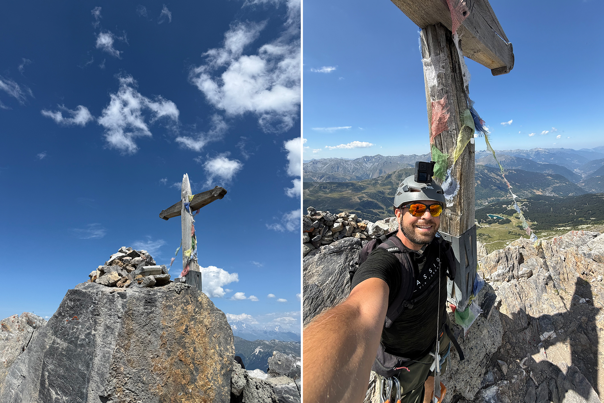 Split image: left shows a wooden cross on a rocky summit under a blue sky; right shows a climber posing by the cross with mountains in the background.