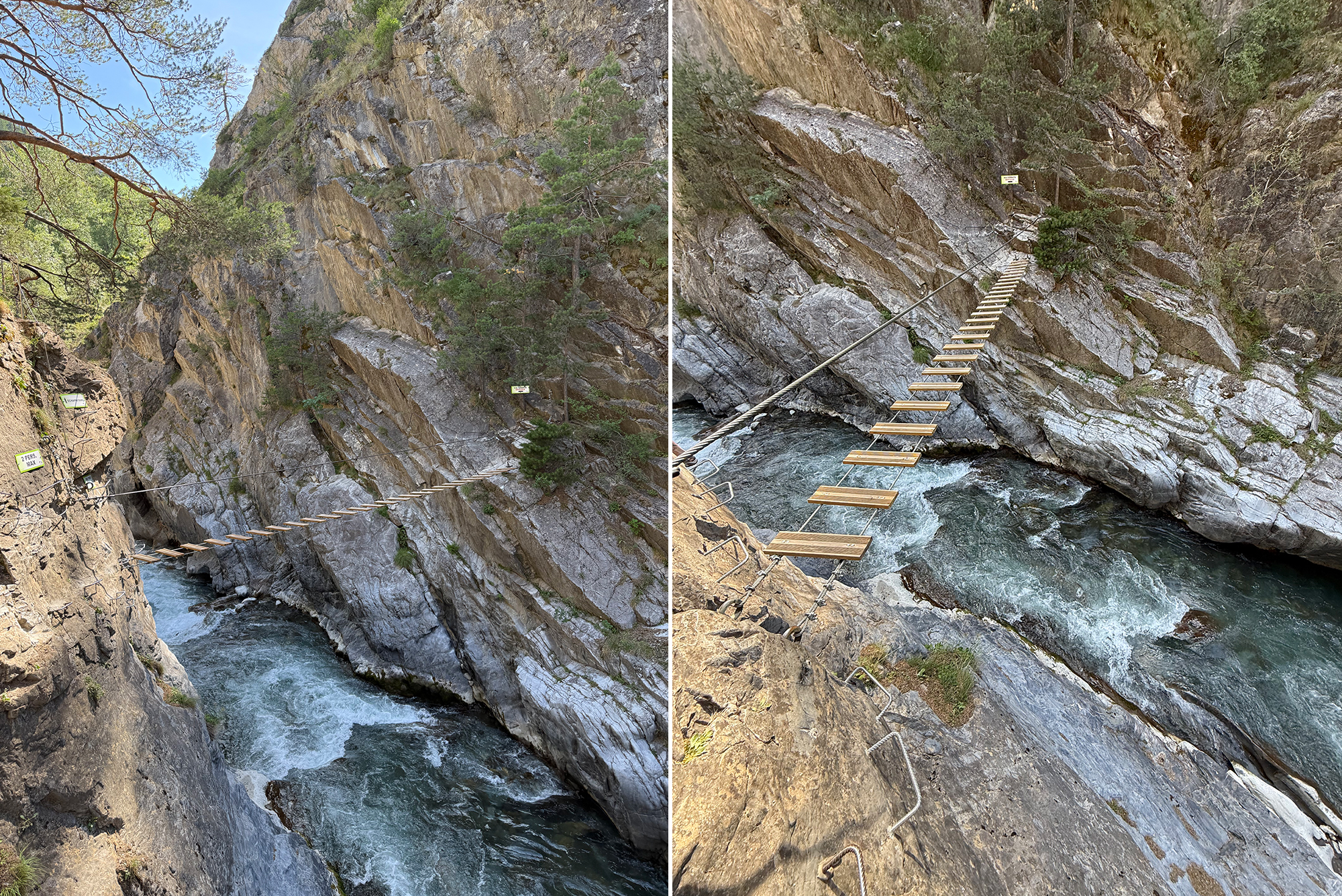 Suspension rope bridge with wooden planks crossing a rocky gorge over a rushing river.