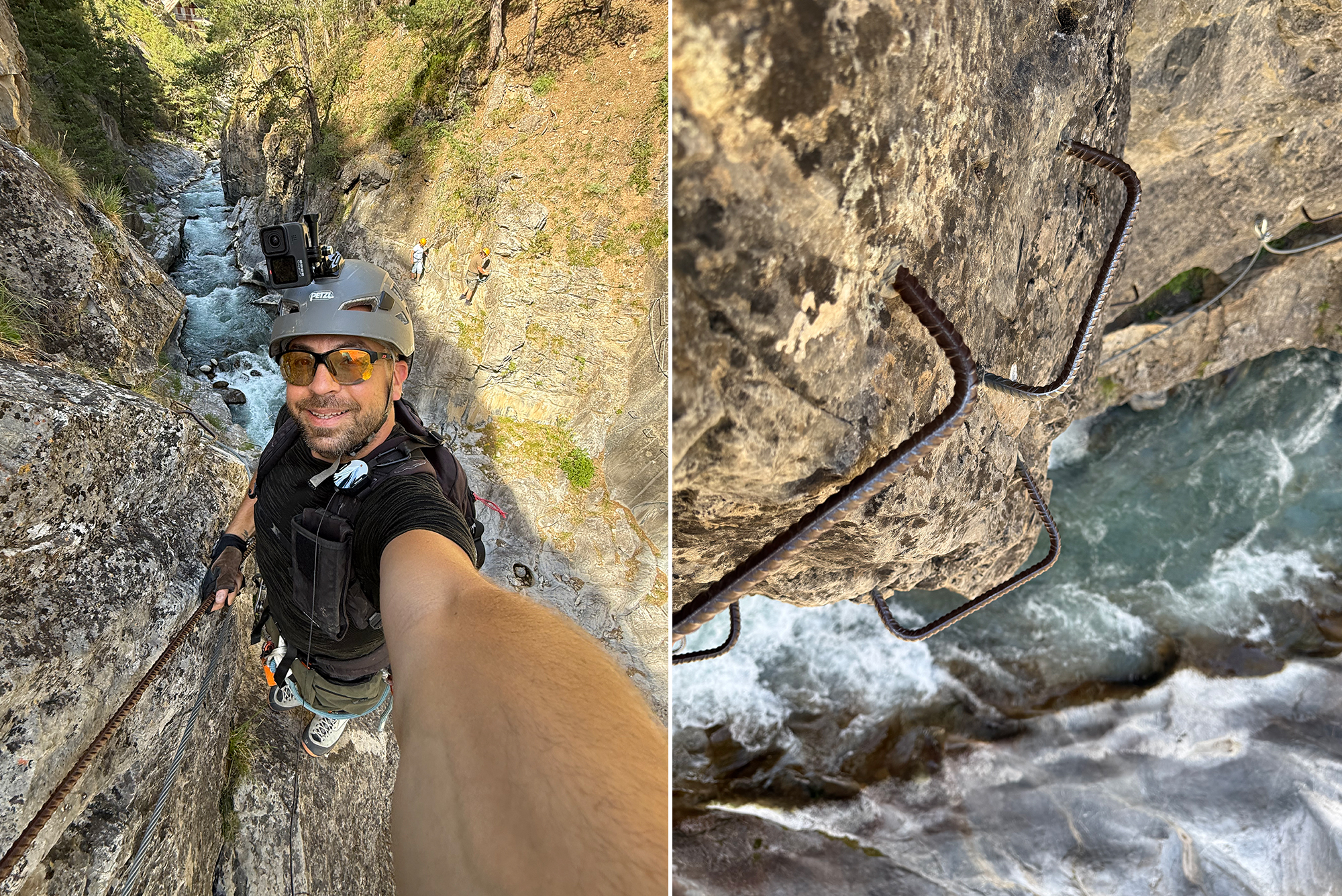 A climber wearing a helmet and harness ascends a narrow rock face with a fixed steel cable along the cliff.