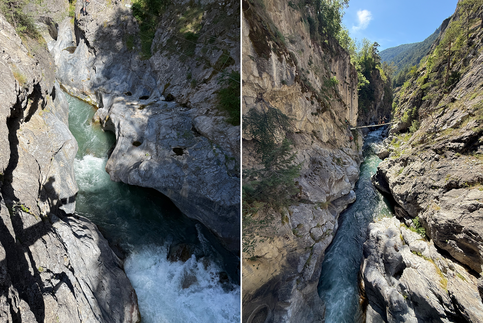 Two-panel view of a narrow rocky canyon with a turquoise river at the bottom; a rope suspension bridge spans the gorge with hikers on it in one panel and rugged cliffs in the other nearby a waterfall.