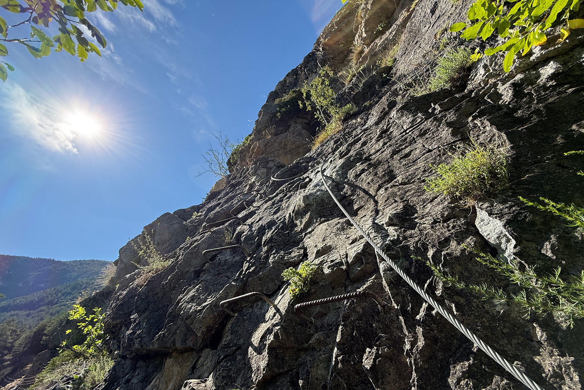 Rock cliff with climbing ropes secured along the surface under a bright sun and blue sky, with green vegetation at the edges.