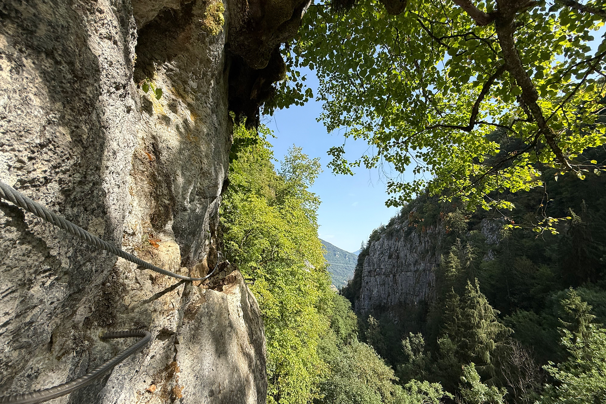 Rocky cliff with metal safety cables along a hiking path, trees and blue sky above.