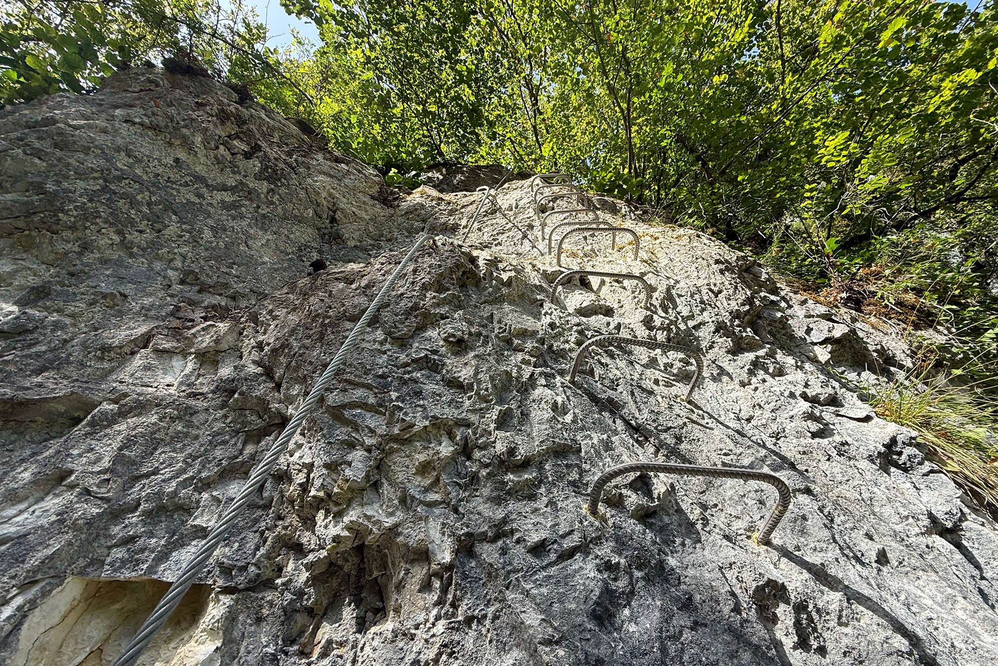 Rocky cliff with fixed metal rungs and a safety cable, a climbing route through a forested area.