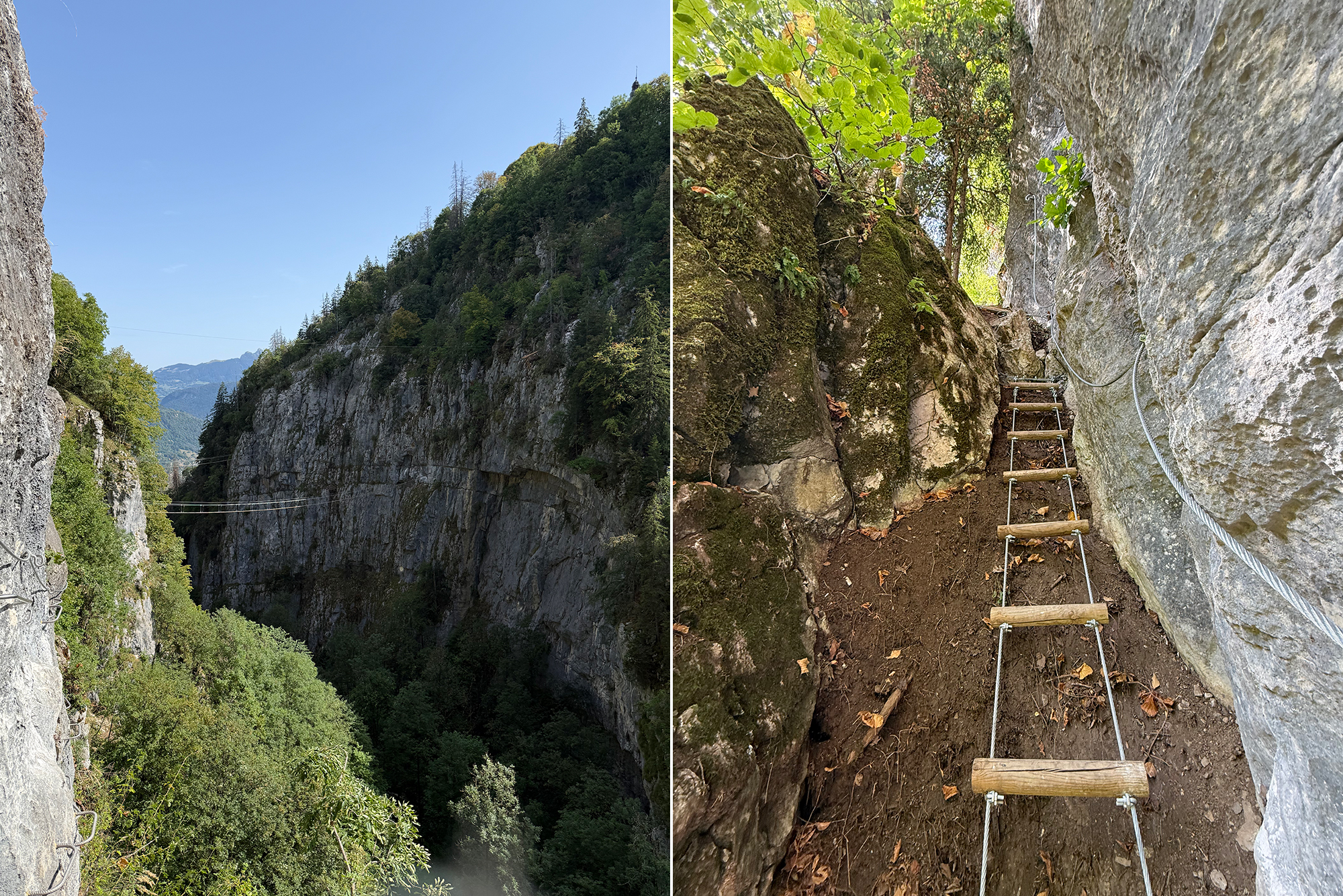 Two-panel image: Left shows a deep rocky gorge with a rope bridge between cliffs; right shows a wooden-step rope ladder ascending a mossy rock wall in a shaded canyon.