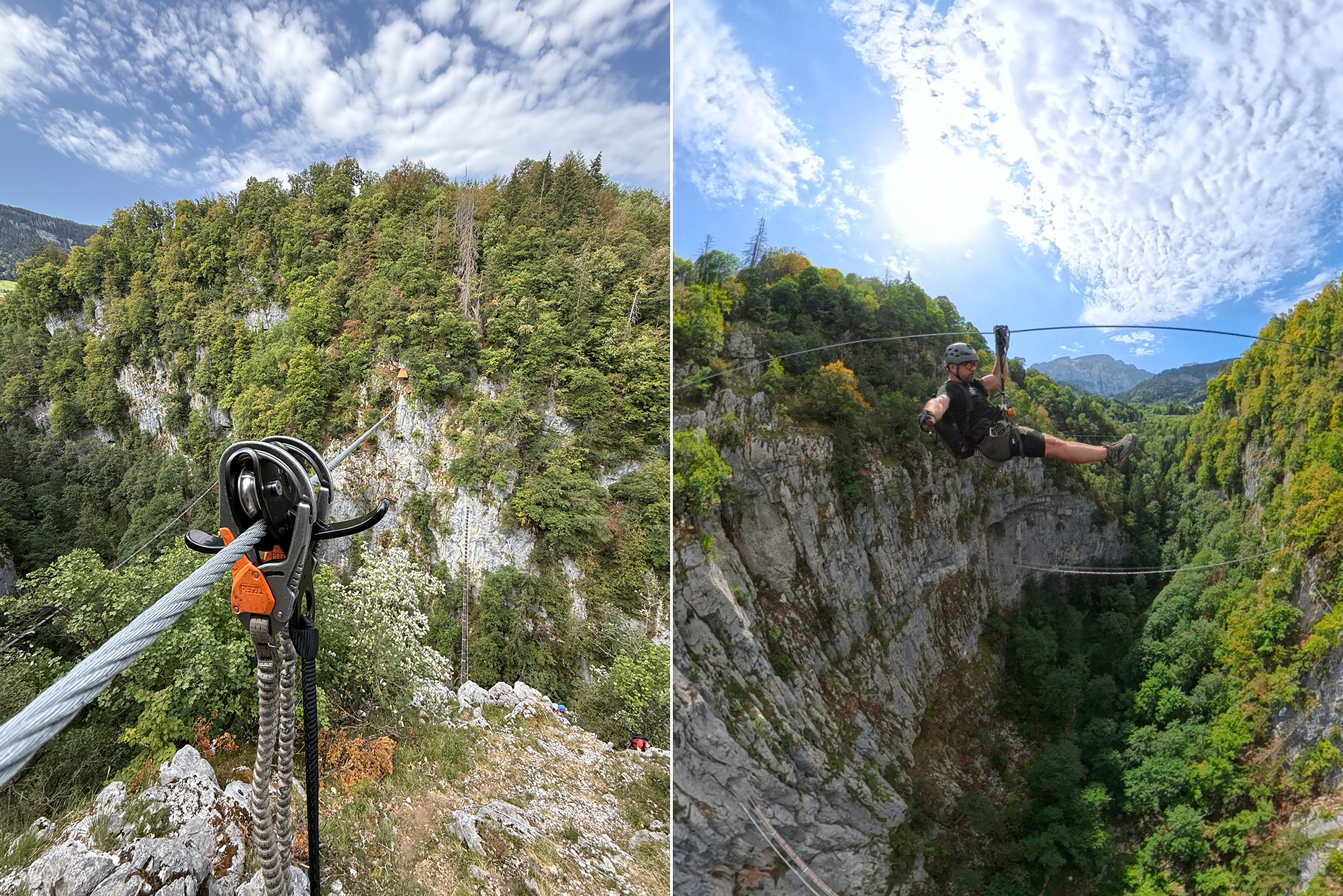 Person wearing helmet and harness zip-lining over a rocky canyon with forested cliffs under a blue sky.