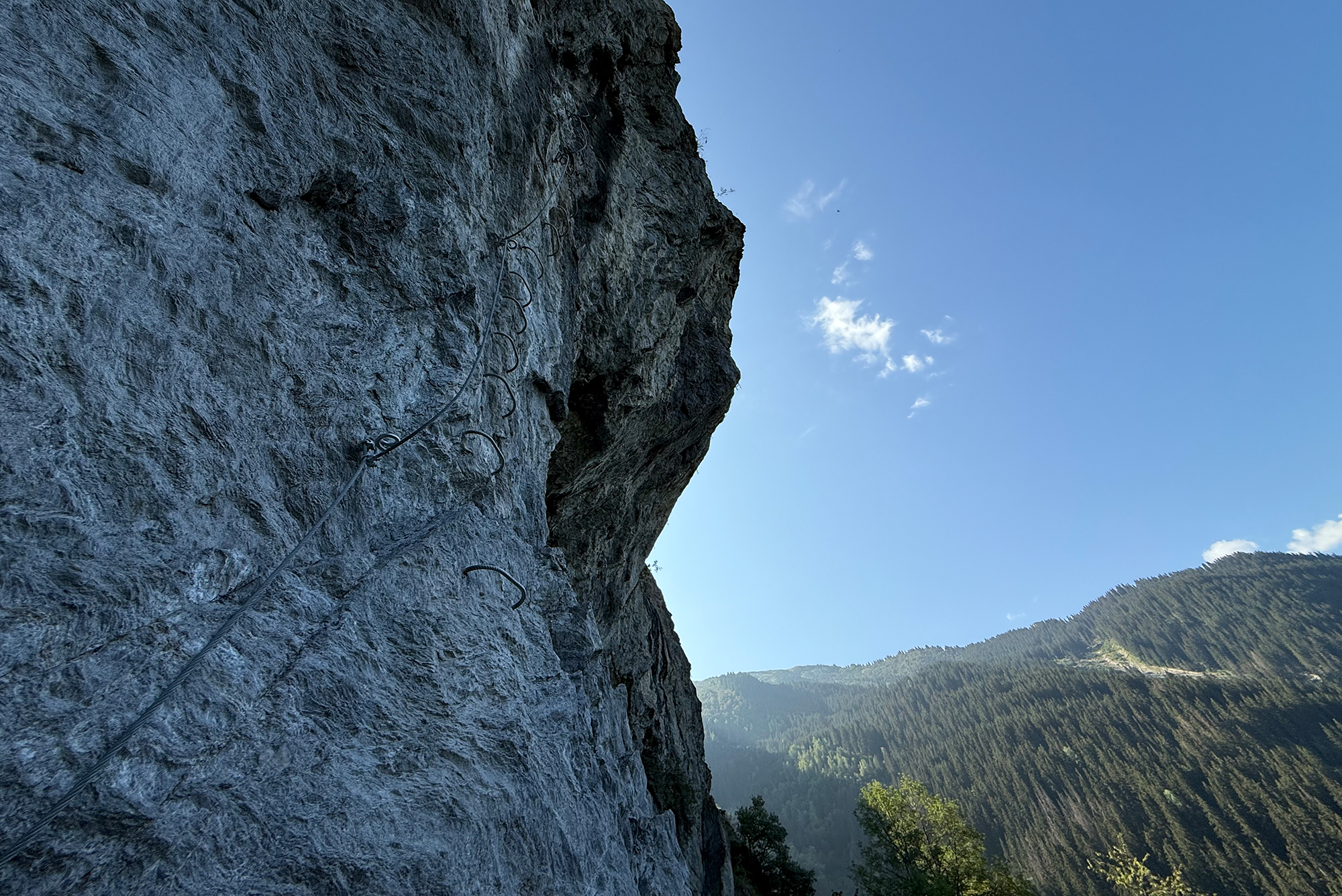 Vertical rock face with a metal via ferrata line and hooks along the cliff, overlooking a forested valley and blue sky.
