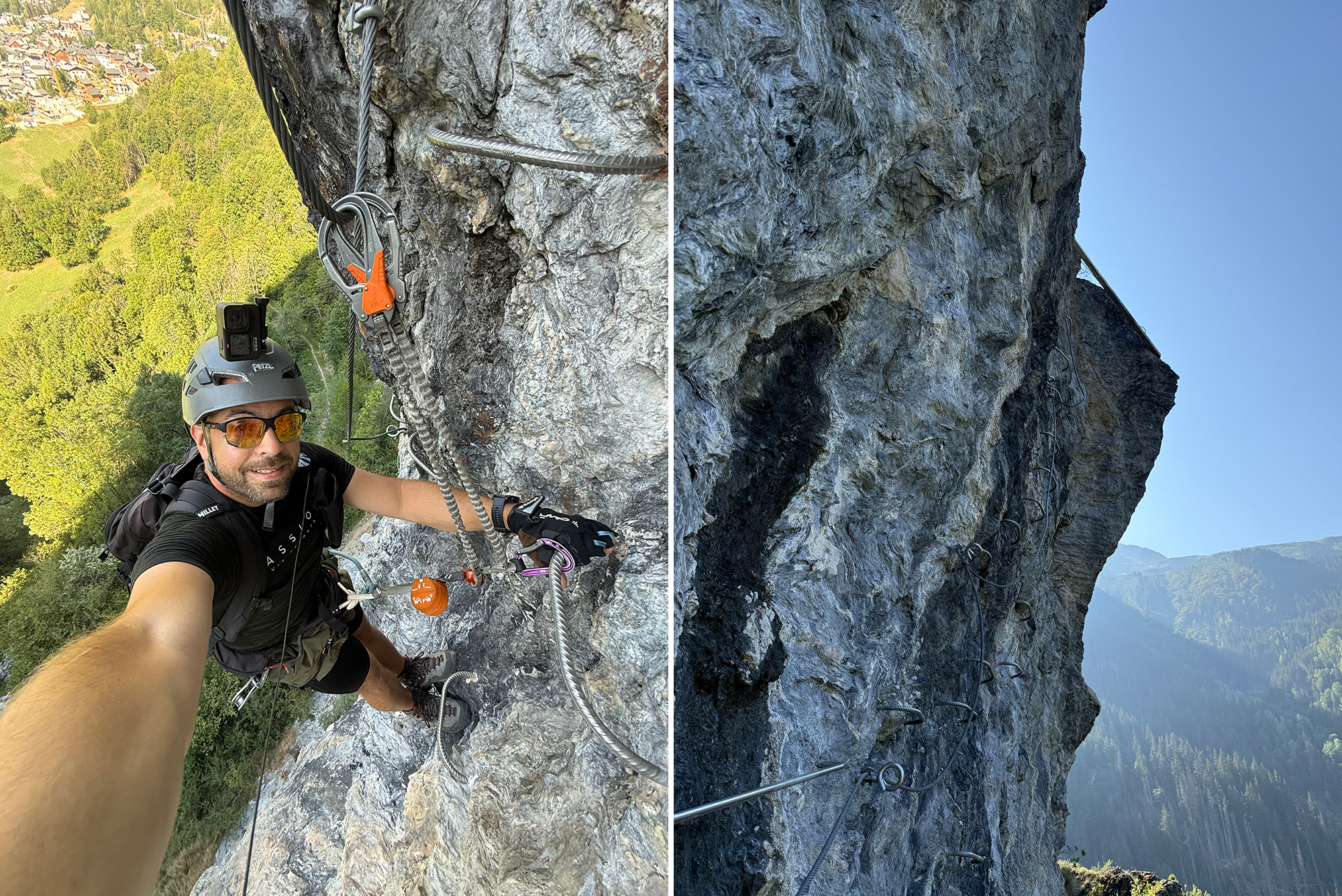 Climber wearing helmet and harness, attached to safety ropes, taking a selfie on a steep rock face with a GoPro mounted on the helmet. The valley below is visible in the left panel.