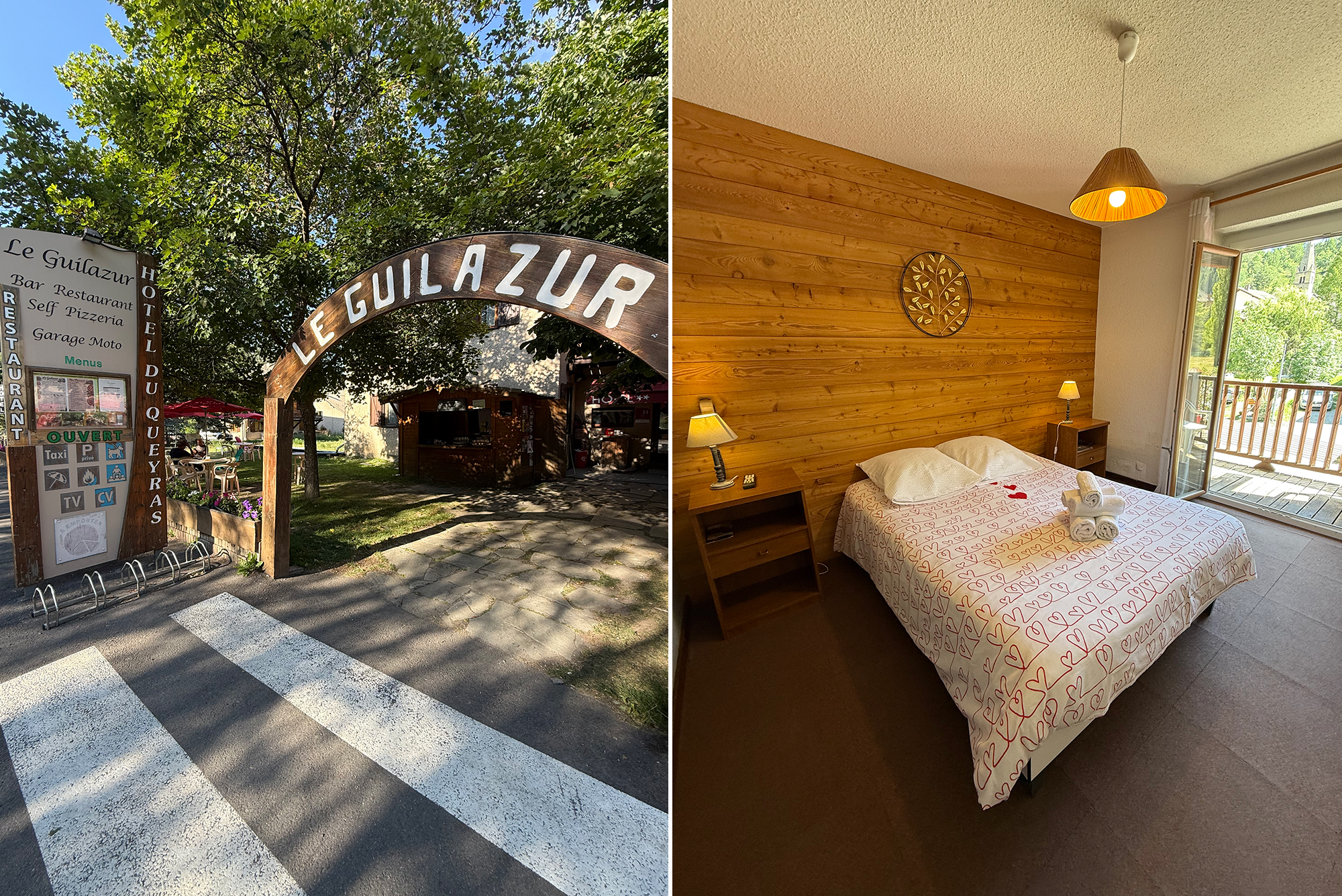 Exterior view of a French hotel entrance under a tree, with a curved sign reading 'Le Guilazur' and menu board nearby