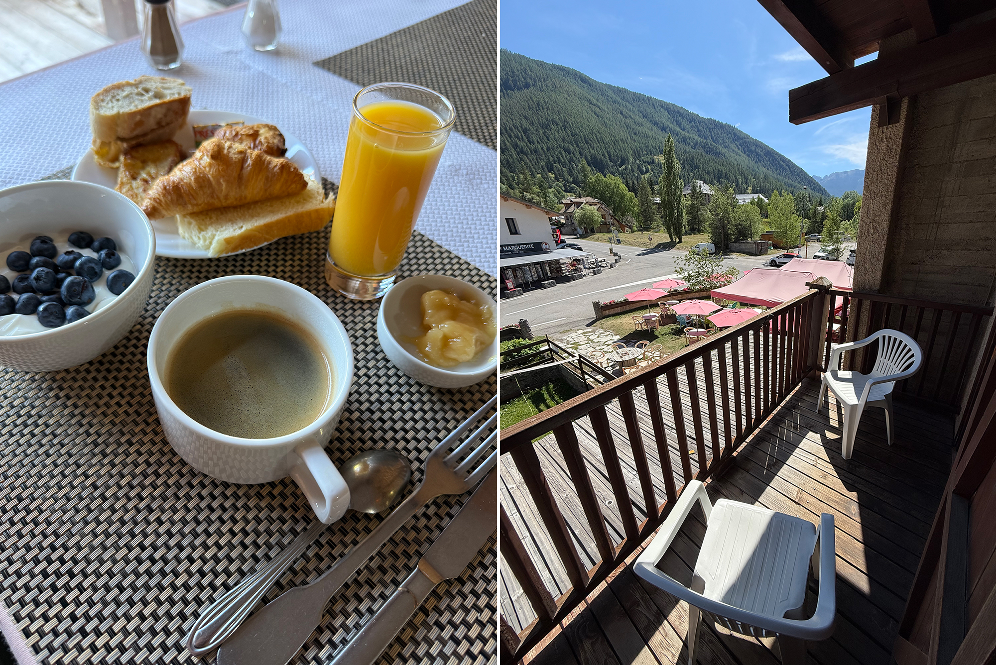 Breakfast on a wicker table: coffee, orange juice, yogurt with blueberries, bread slices and jam.