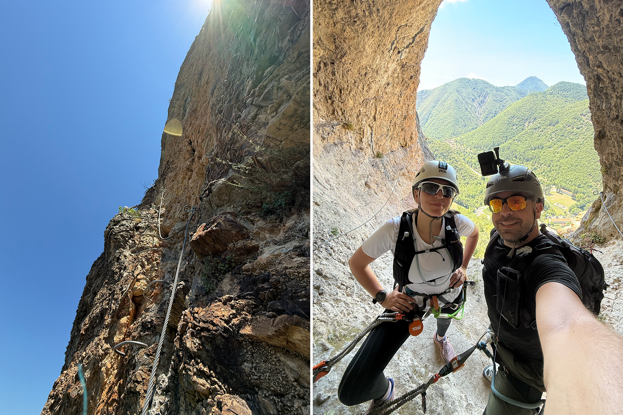 Left: clear blue sky beside a steep rock face with climbing ropes; Right: two climbers in helmets and harnesses posing for a selfie on a rocky ledge, with mountains in the background and a helmet camera visible.