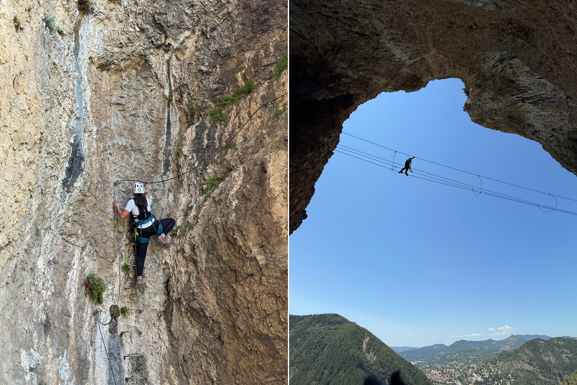 Climber wearing helmet and harness ascends a rocky cliff using a rope and holds.