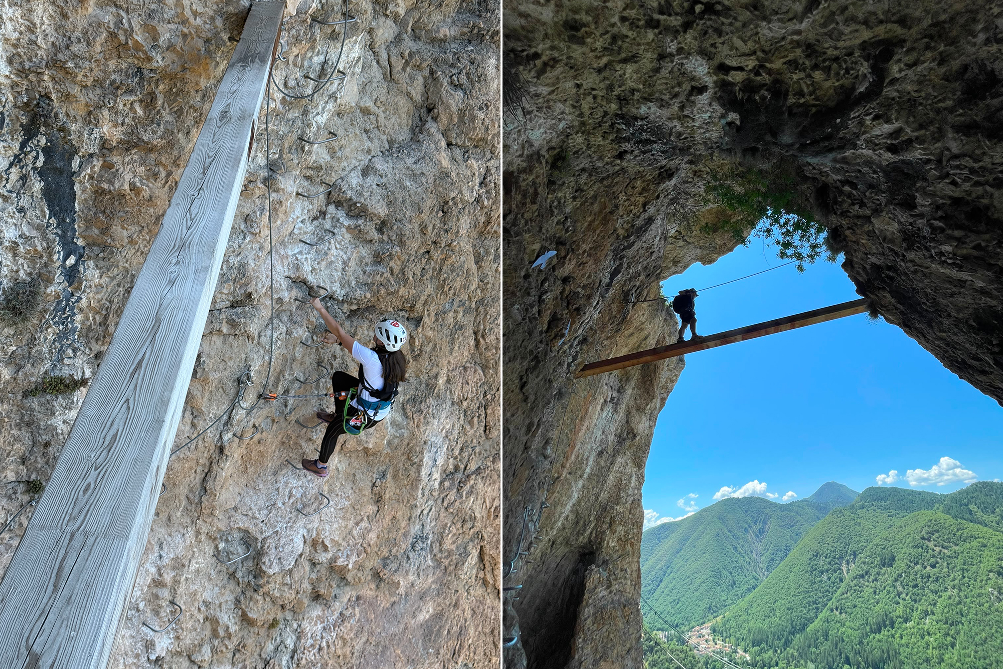 Left panel: climber wearing helmet and harness ascends a rocky wall using metal rungs next to a wooden beam. Right panel: climber crosses a narrow wooden beam bridge between rock faces over a valley with mountains and blue sky below.