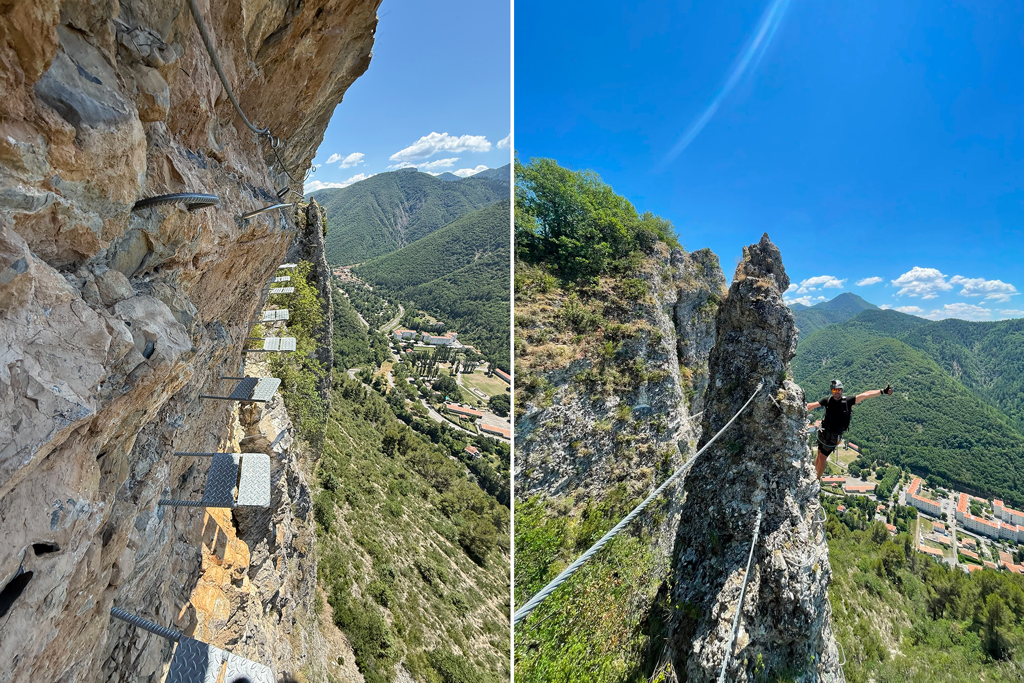 Two-panel mountain scene: a climber’s metal footholds along a rocky cliff with a valley below, under a bright blue sky.
