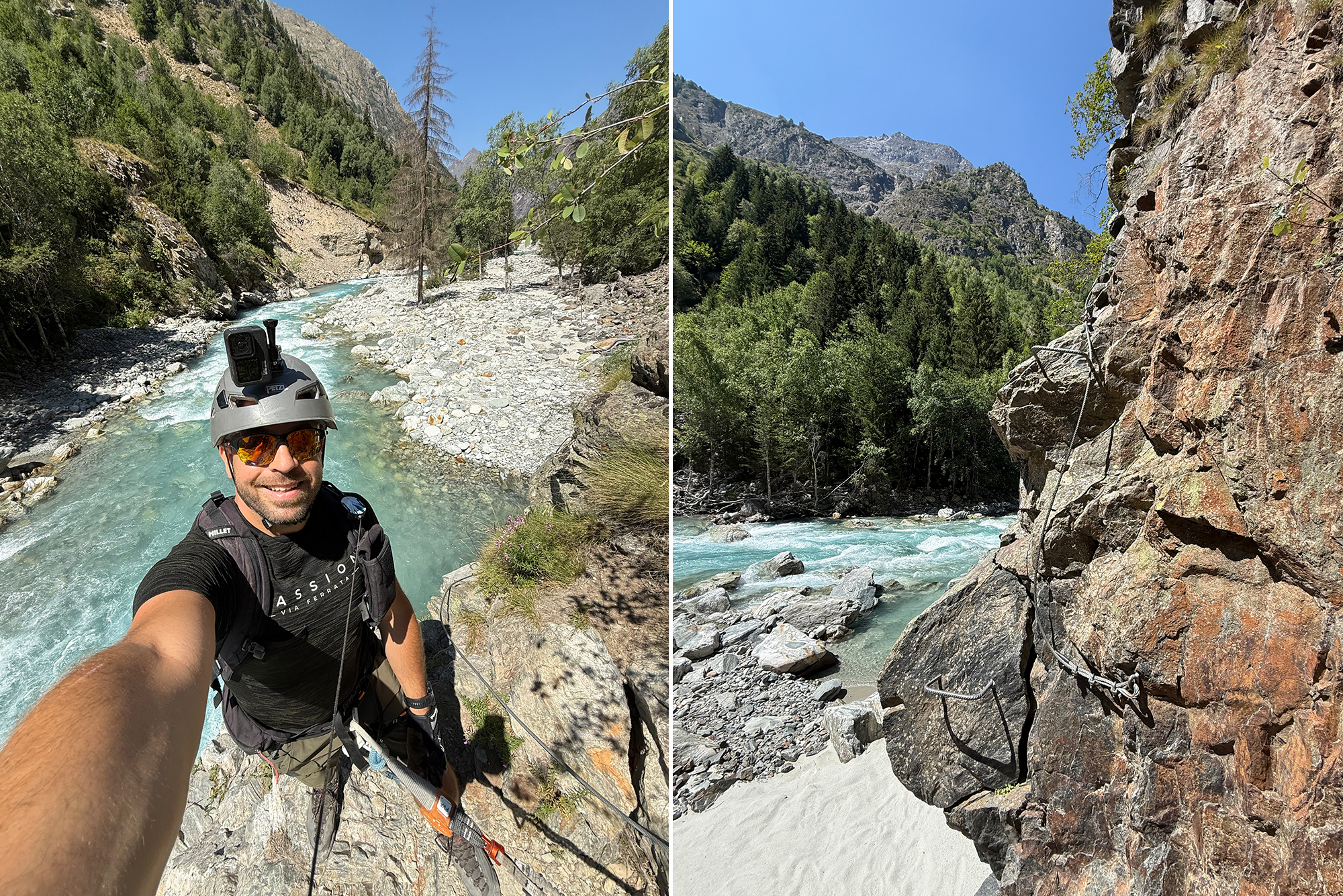 Self-portrait of a man wearing a helmet with an mounted action camera, standing on a rocky ledge above a turquoise river in a mountain canyon.