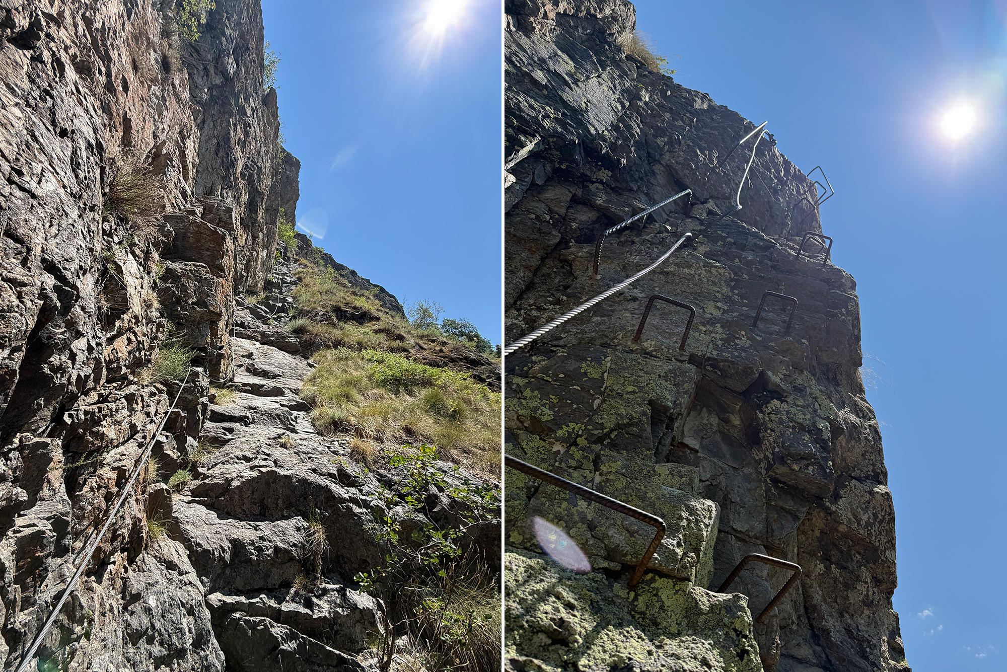 Steep rocky cliff with a safety rope and metal rungs for climbing (via ferrata) against a bright blue sky.