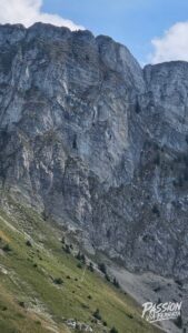 Steep gray rock cliff with rugged surface rising from a grassy slope at the base, scattered trees at the lower left.